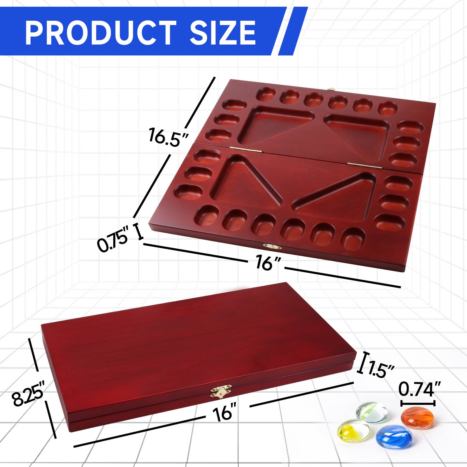 PRODUCT SIZE: 16.5", 0.75", 16", 8.25", 16", 1.5", 0.74"