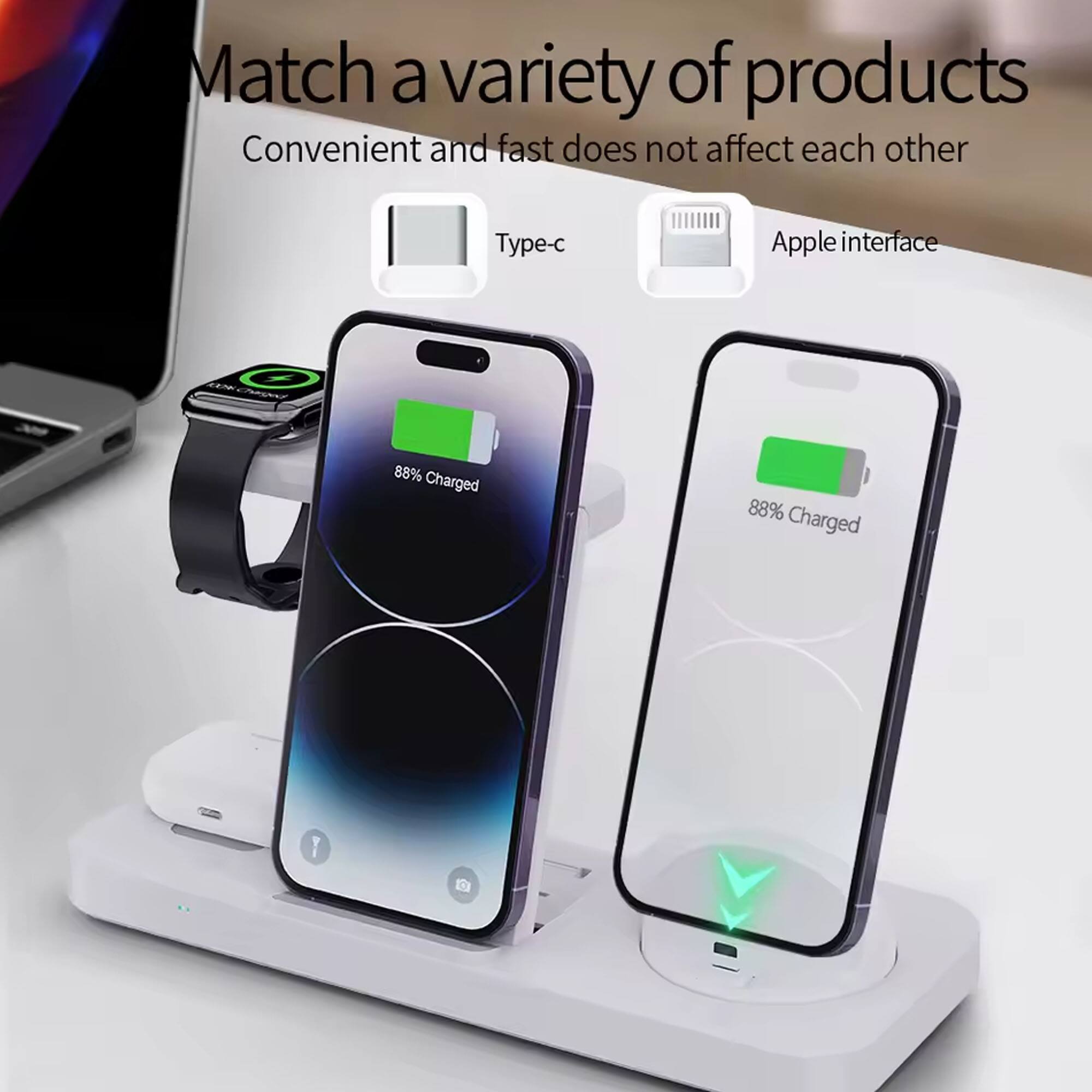 Match a variety of products  
Convenient and fast does not affect each other  

Type-c  
Apple interface  

88% Charged  
88% Charged