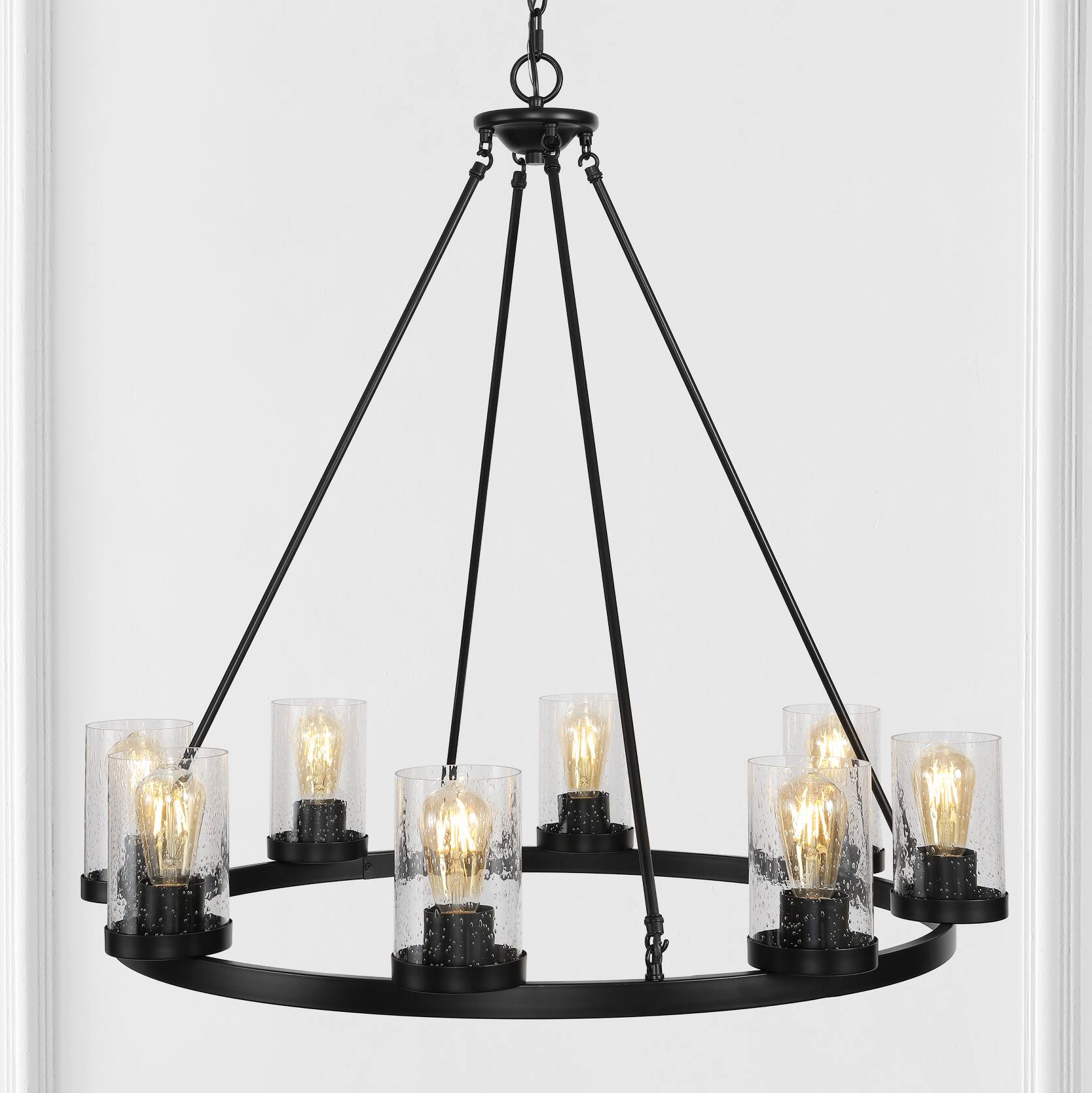 Alt View 1. Jonathan Y - Coronet 33.5" 8-Light Iron/Seeded Glass Rustic Farmhouse Round LED Chandelier, Oil Rubbed Bronze - Oil Rubbed Bronze.