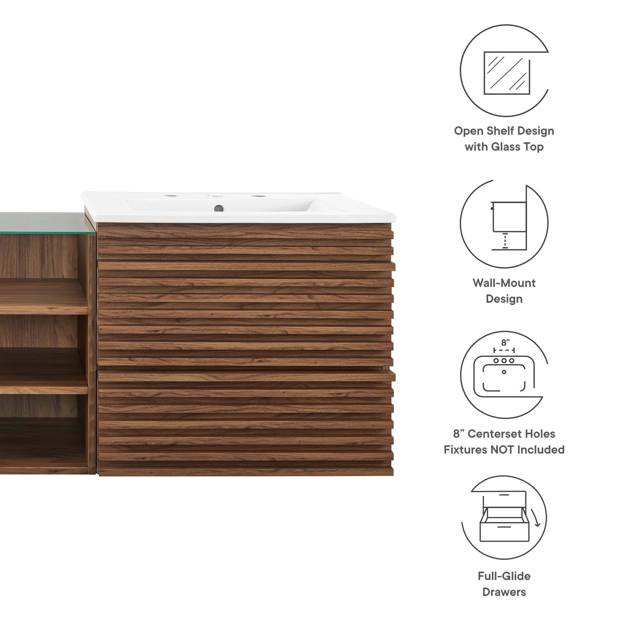 Open Shelf Design with Glass Top  
Wall-Mount Design  
8" Centerset Holes  
Fixtures NOT Included  
Full-Glide Drawers