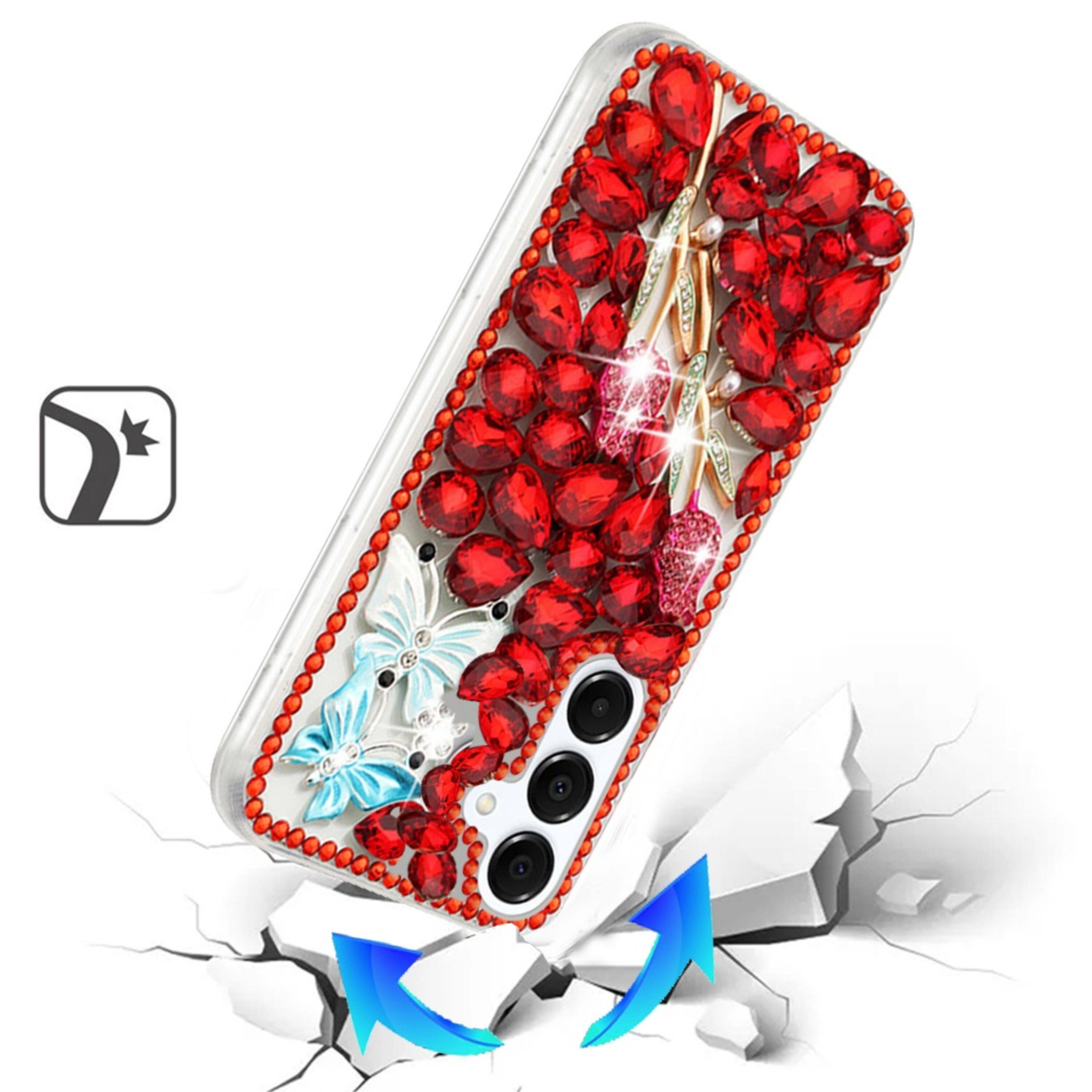 Angle. Kitcheniva - Full Diamond Bling 3D Jewel Ornaments Plus Tempered Glass For Samsung S25 FE Red Exquisite Garden - Multicolor.