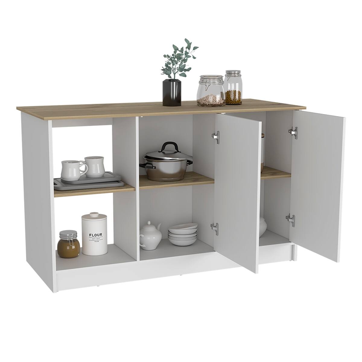 Alt View 3. Loheer - Loheer Modern Stationary Kitchen Island with Cabinets Light Oak White - Light Oak and White.