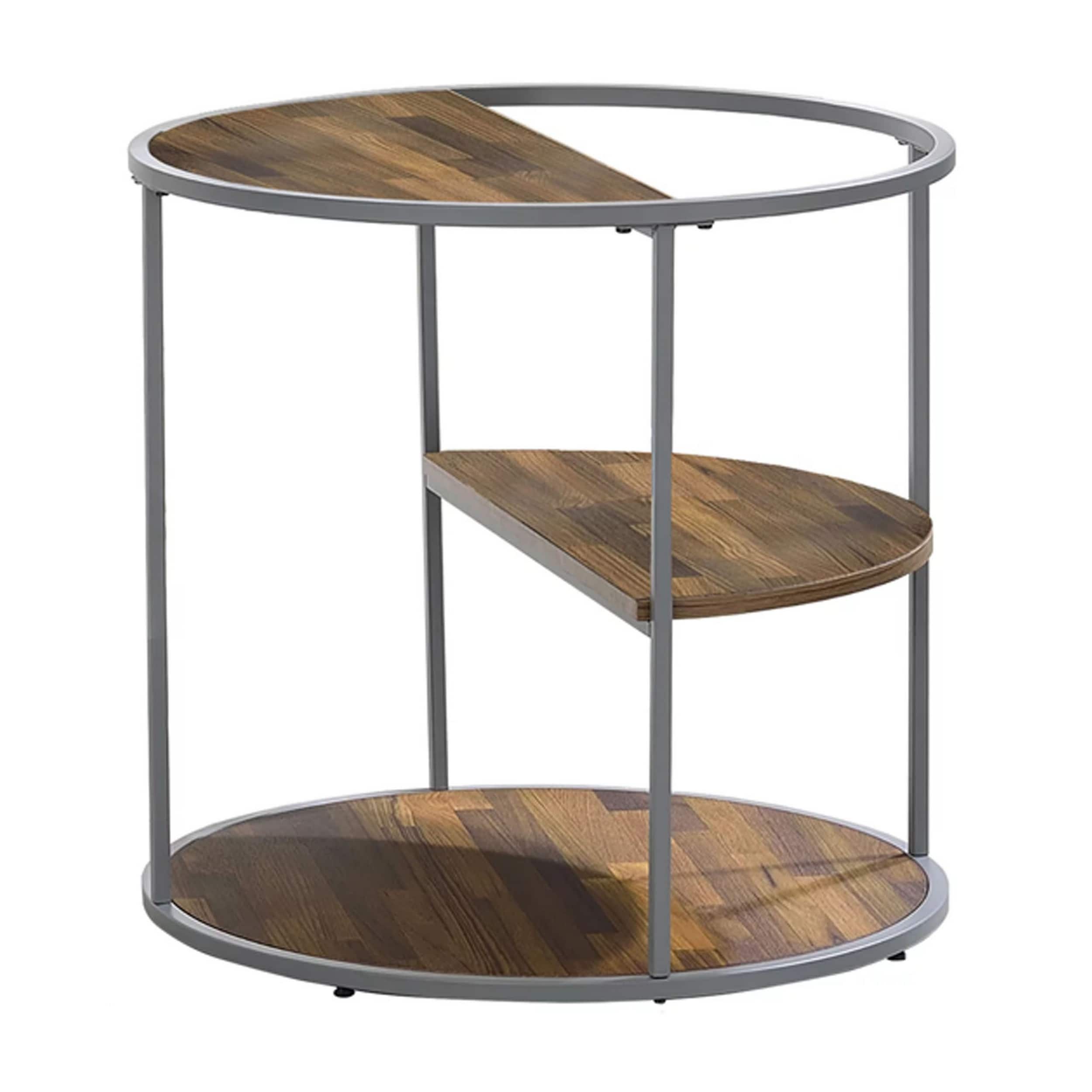 Manhattan Lane - Lenn 24 Inch 3 Tier Round Brown Side End Table, Half Shelf, Gray Frame - Brown, Gray