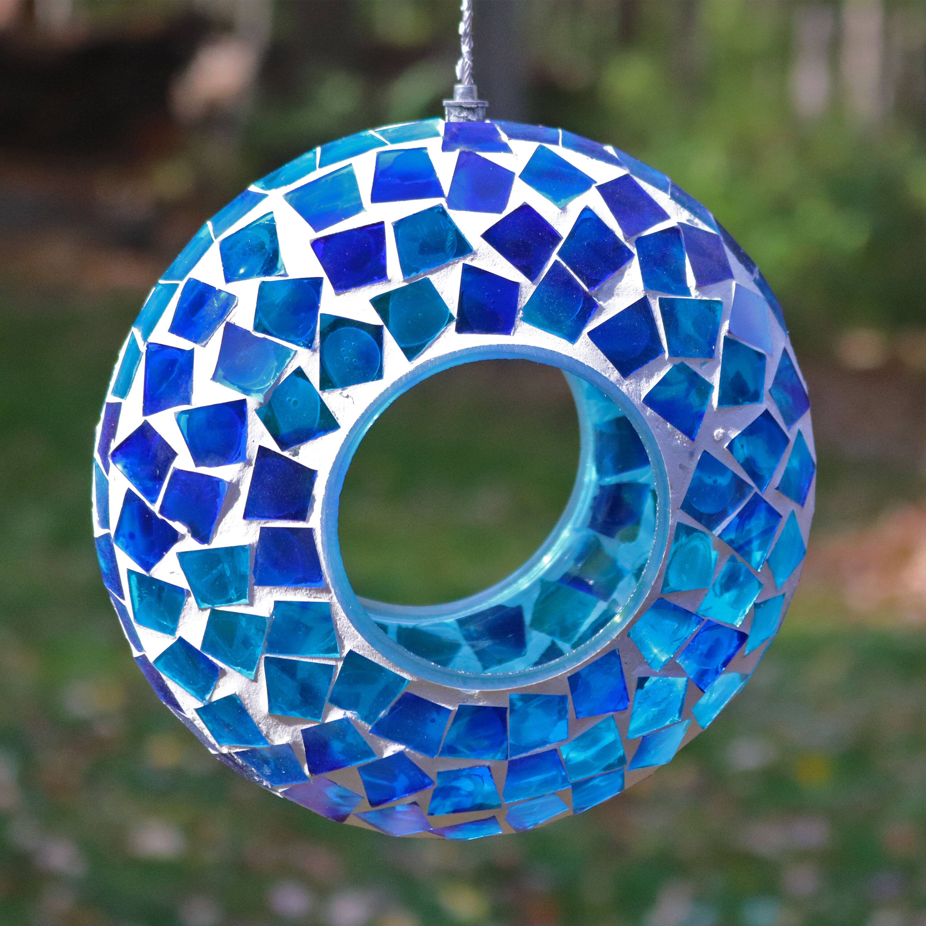 Alt View 9. Sunnydaze - Glass Fly-Through Hanging Bird Feeder - 6 in - Blue Mosaic.