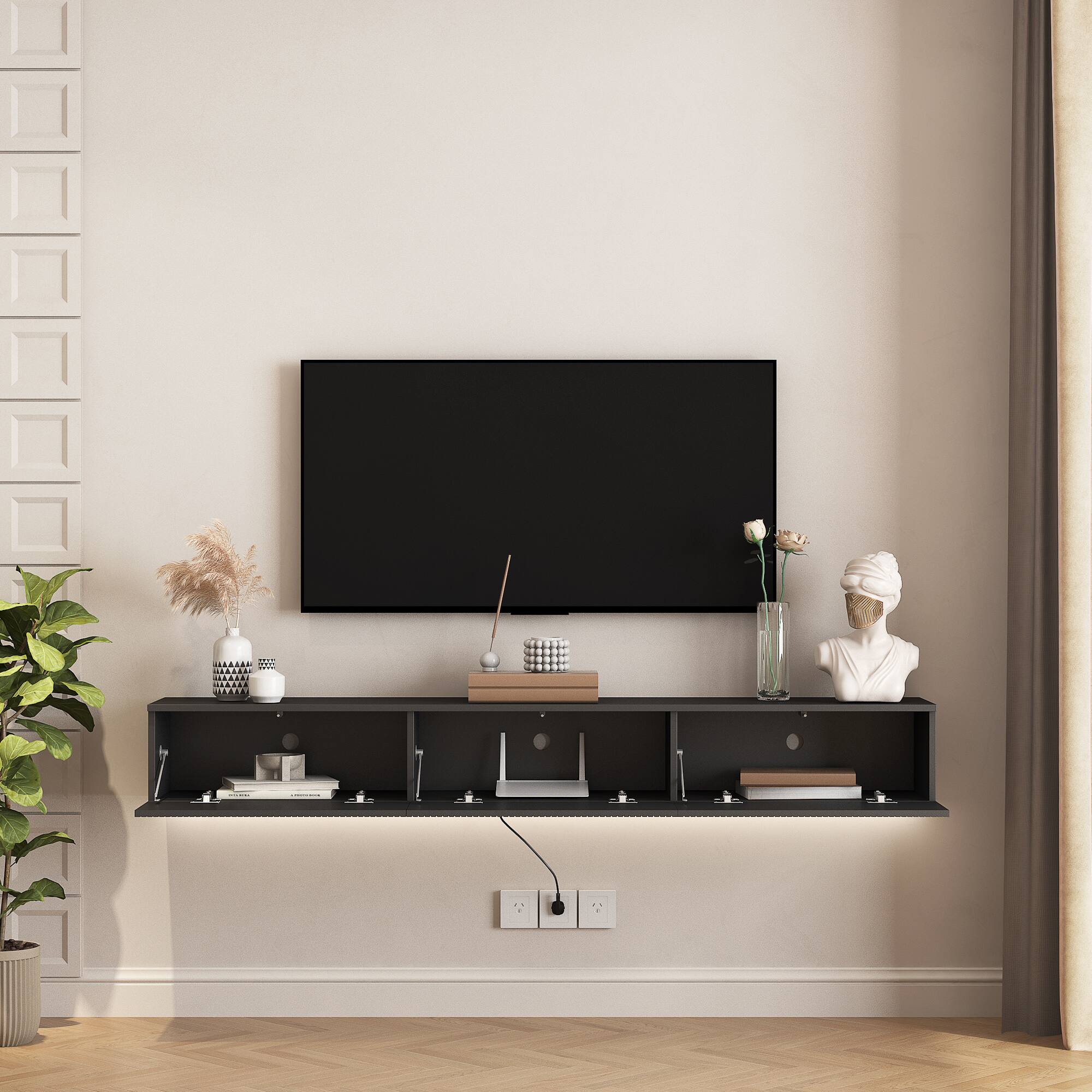 Alt View 2. APRILSOUL - Floating TV Stand Wall Mounted with 16 Color LEDs 69Inch Modern TV Stand Floating TV Cabinet Entertainment Center Black - Black.