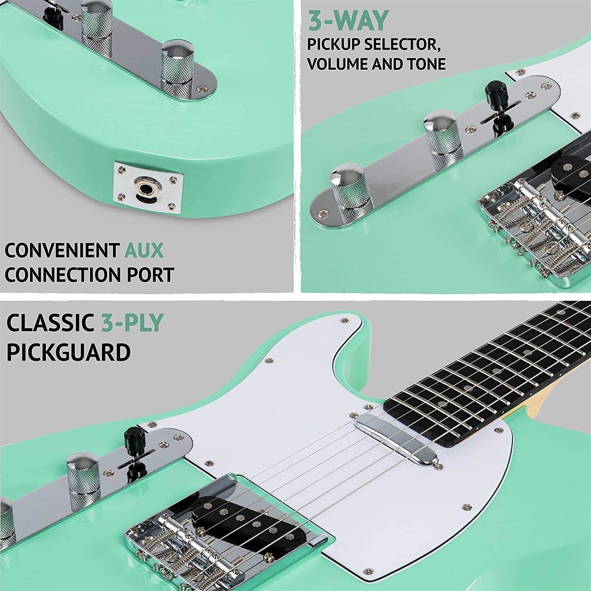 3-WAY PICKUP SELECTOR, VOLUME AND TONE, CONVENIENT AUX CONNECTION PORT, CLASSIC 3-PLY PICKGUARD