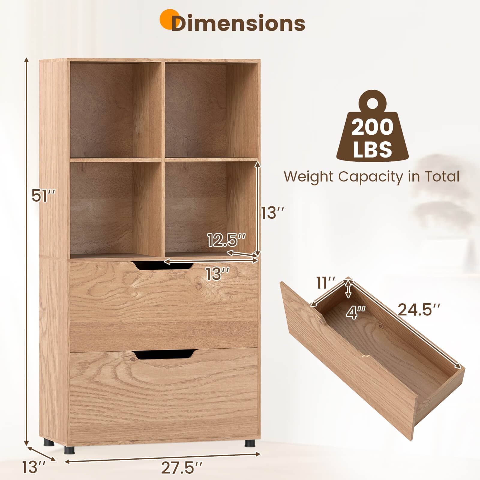 Dimensions:  
- Height: 51"  
- Width: 27.5"  
- Depth: 13"  
- Shelf Depth: 12.5"  
- Drawer Depth: 13"  
- Drawer Height: 11"  
- Drawer Width: 24.5"  

Weight Capacity in Total: 200 LBS