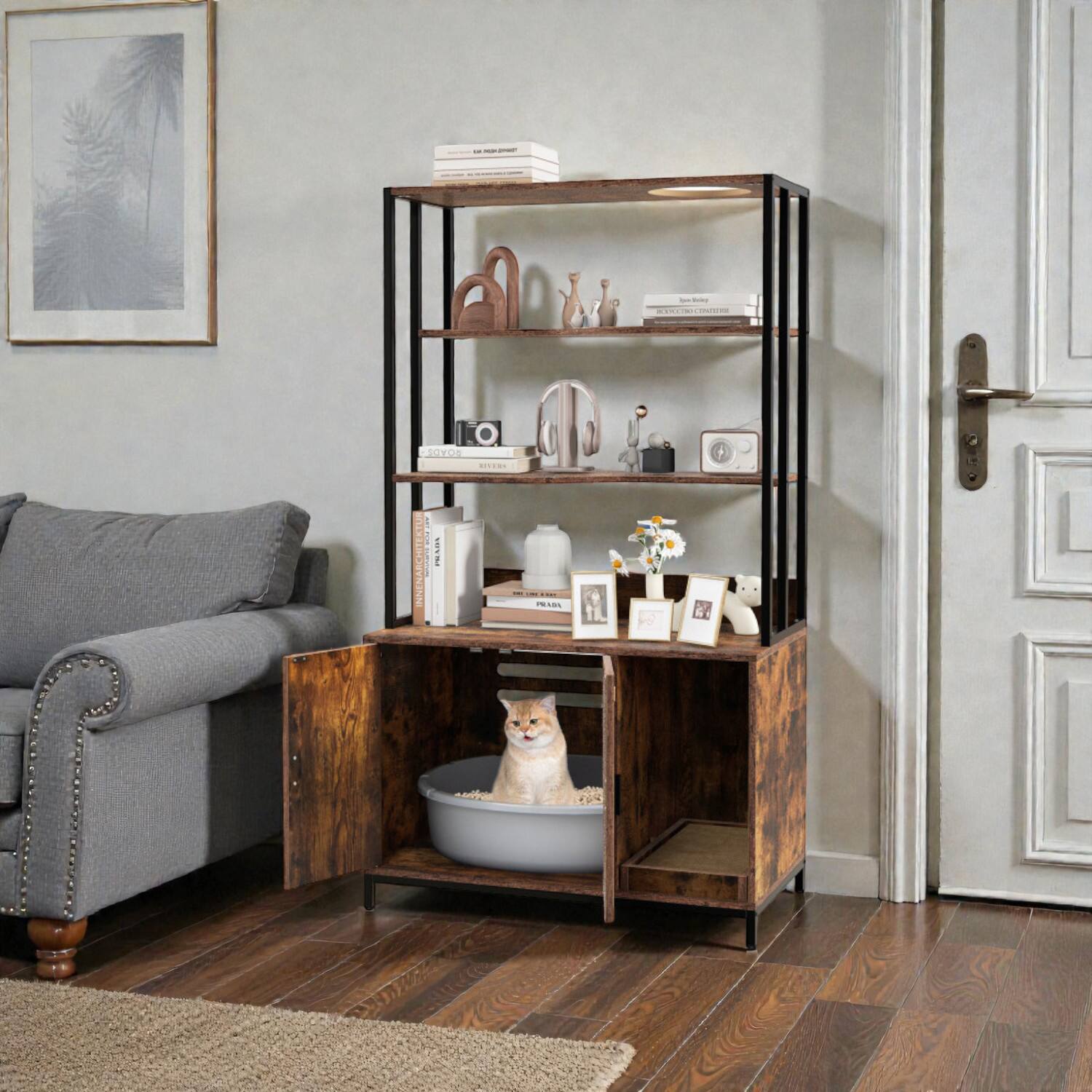 BreeBe - Modern Cat Litter House with Integrated Storage and Three-Tier Shelf Design - Rustic Brown