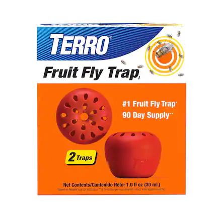 TERRO Fruit Fly Trap, #1 Fruit Fly Trap* 90 Day Supply** 2 Traps
TERRO Net Contents/Contenido Neto: 1.0 fl oz (30 mL)
"Based on Nielsen total US AOC data. "*Up to 45 days per trap using half (15mL) of the liquid in each trap.