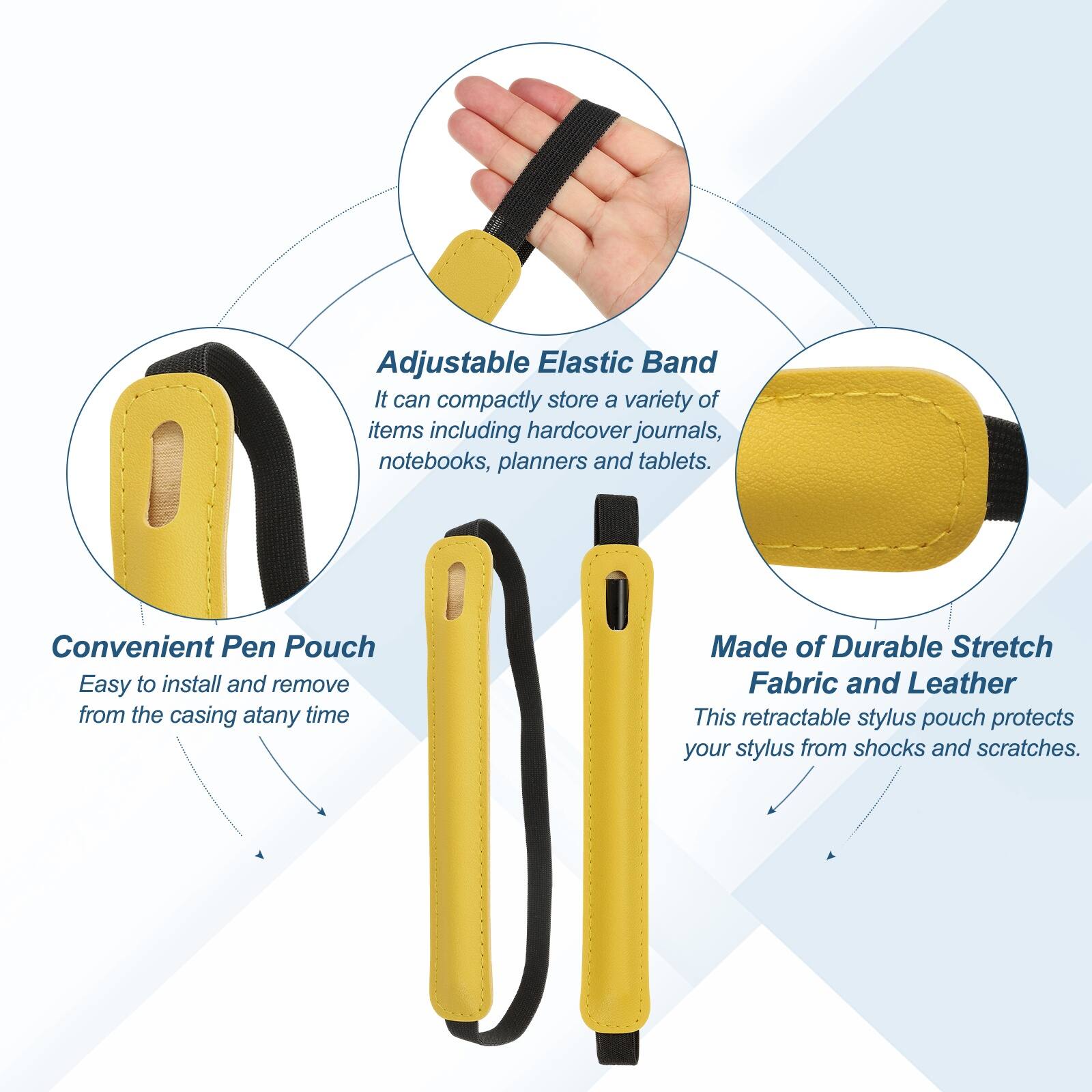 Adjustable Elastic Band  
It can compactly store a variety of items including hardcover journals, notebooks, planners, and tablets.

Convenient Pen Pouch  
Easy to install and remove from the casing at any time.

Made of Durable Stretch Fabric and Leather  
This retractable stylus pouch protects your stylus from shocks and scratches.