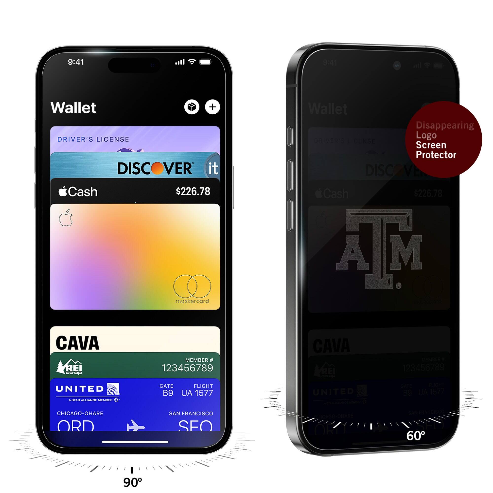 9:41  
Wallet + DRIVER'S LICENSE  
DISCOVER it Cash $226.78  
Wallet  
Disappearing Logo DRIVER'S LICENSE Screen Protector  
DISC VE Cash $226.78  
A M  
mastercard  
Austemard  
CAVA REI coop  
MEMBER # 123456789  
CAVA REI coop  
MEMBER 123456789  
UNITED A STAR ALUANCE MEMBER  
GATE B9  
FLIGHT UA 1577  
UNITED  
GATE FLIGHT B9 AU 1577  
CHICAGO-OHARE ORD  
SAN FRANCISCO SEO  
CHICAGO-OHARE NRN  
SAN FRANCISCO 60  
90