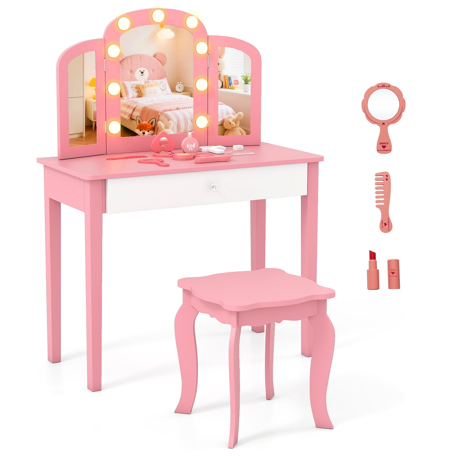 Gymax - Kids Vanity Table Set 2-in-1 Princess Makeup Dressing Desk w/Mirror Stool Drawer - Pink price history on PriceWatchPro