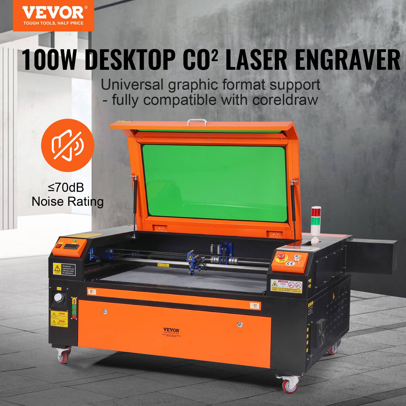 VEVOR  
TOUGH TOOLS. HALF PRICE  

100W DESKTOP CO2 LASER ENGRAVER  

Universal graphic format support  
- fully compatible with coreldraw  

≤70dB Noise Rating