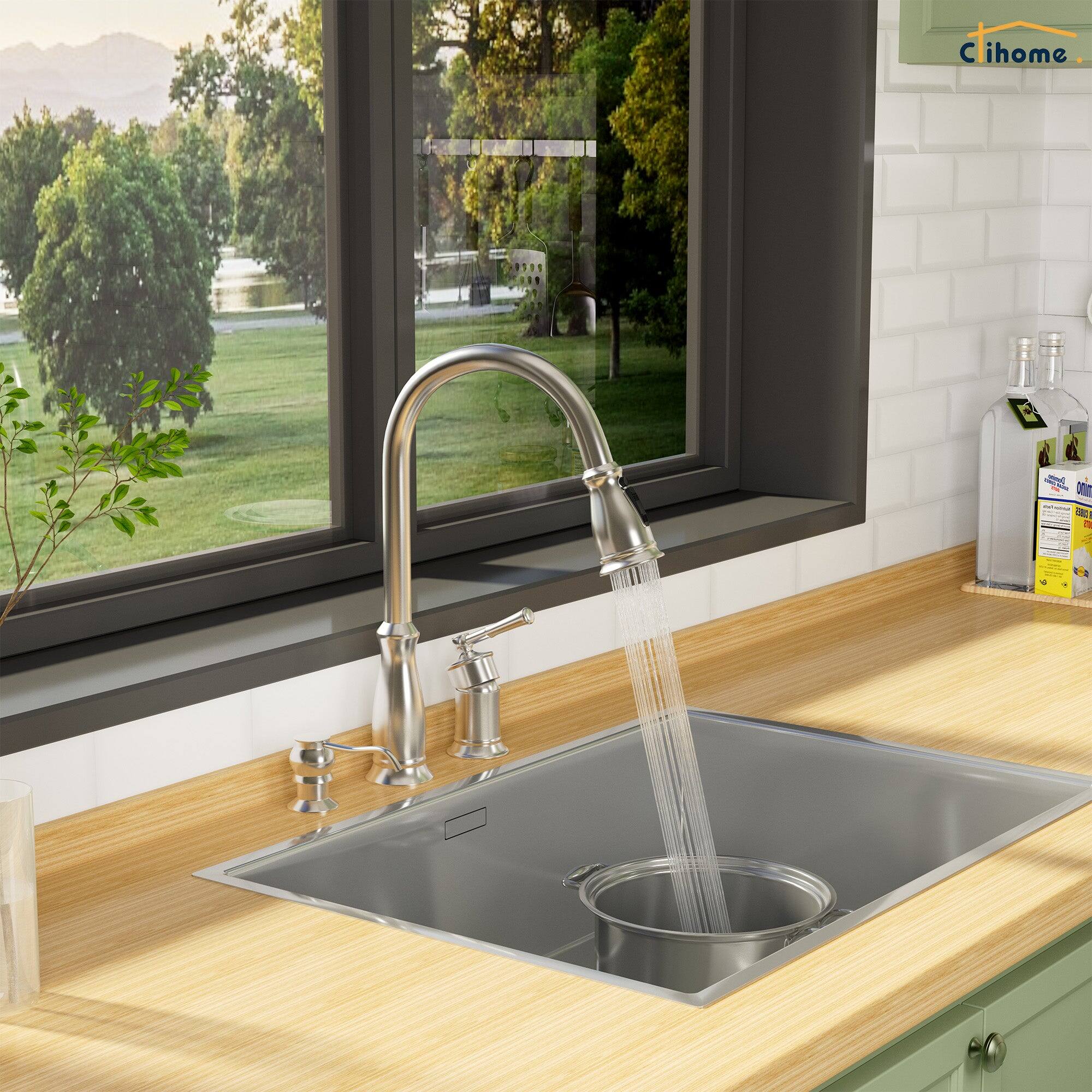 Angle. Boyel Living - 3-Spray Patterns Single Handle 1.8 GPM Pull Down Sprayer Kitchen Faucet with Soap Dispenser in Brushed Nickel - Brushed Nickel.