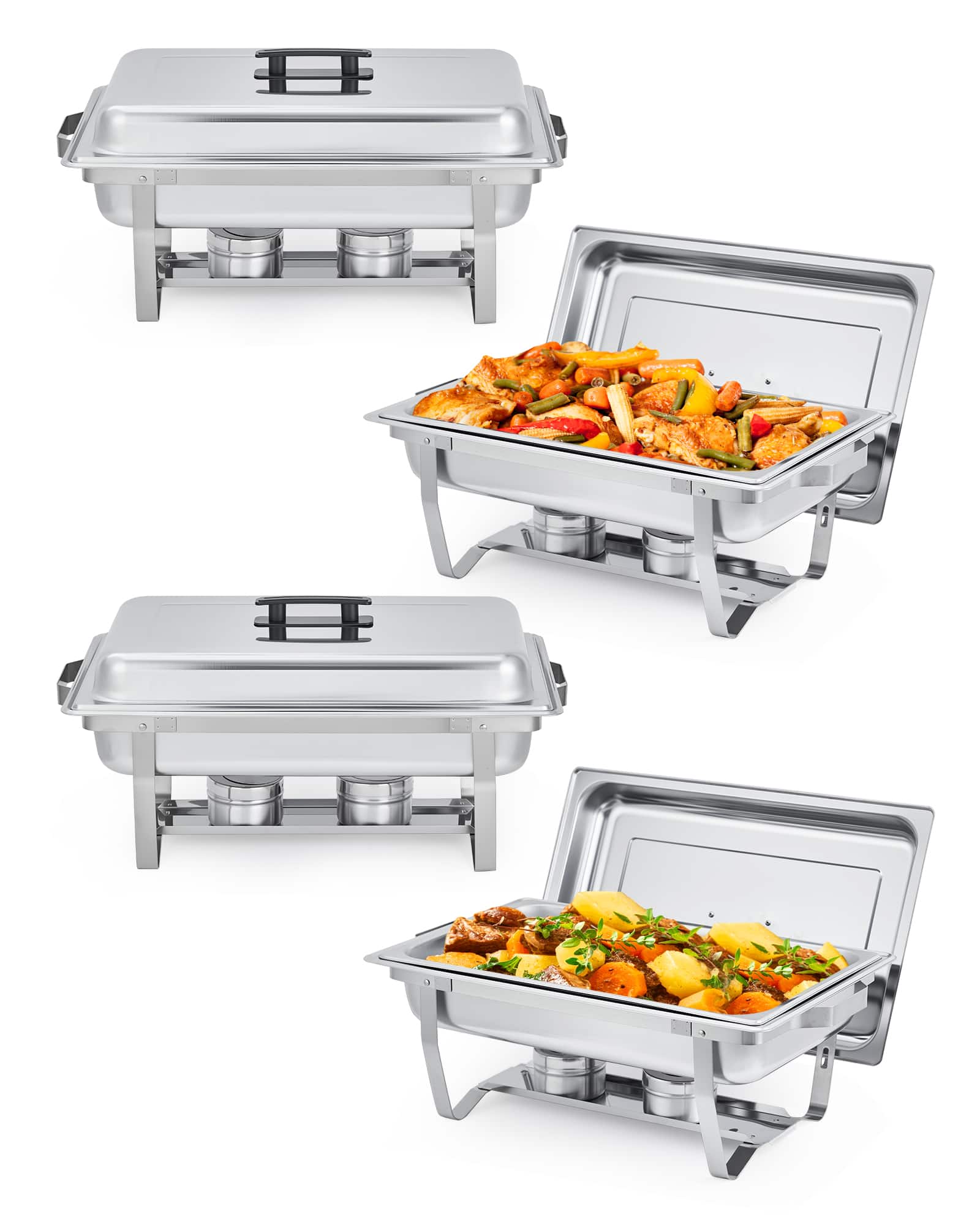 GARVEE - 4 Pack Chafing Dishes for Buffet, 8QT Buffet Servers and Warmers Set with Lid & Foldable Frame - Silver