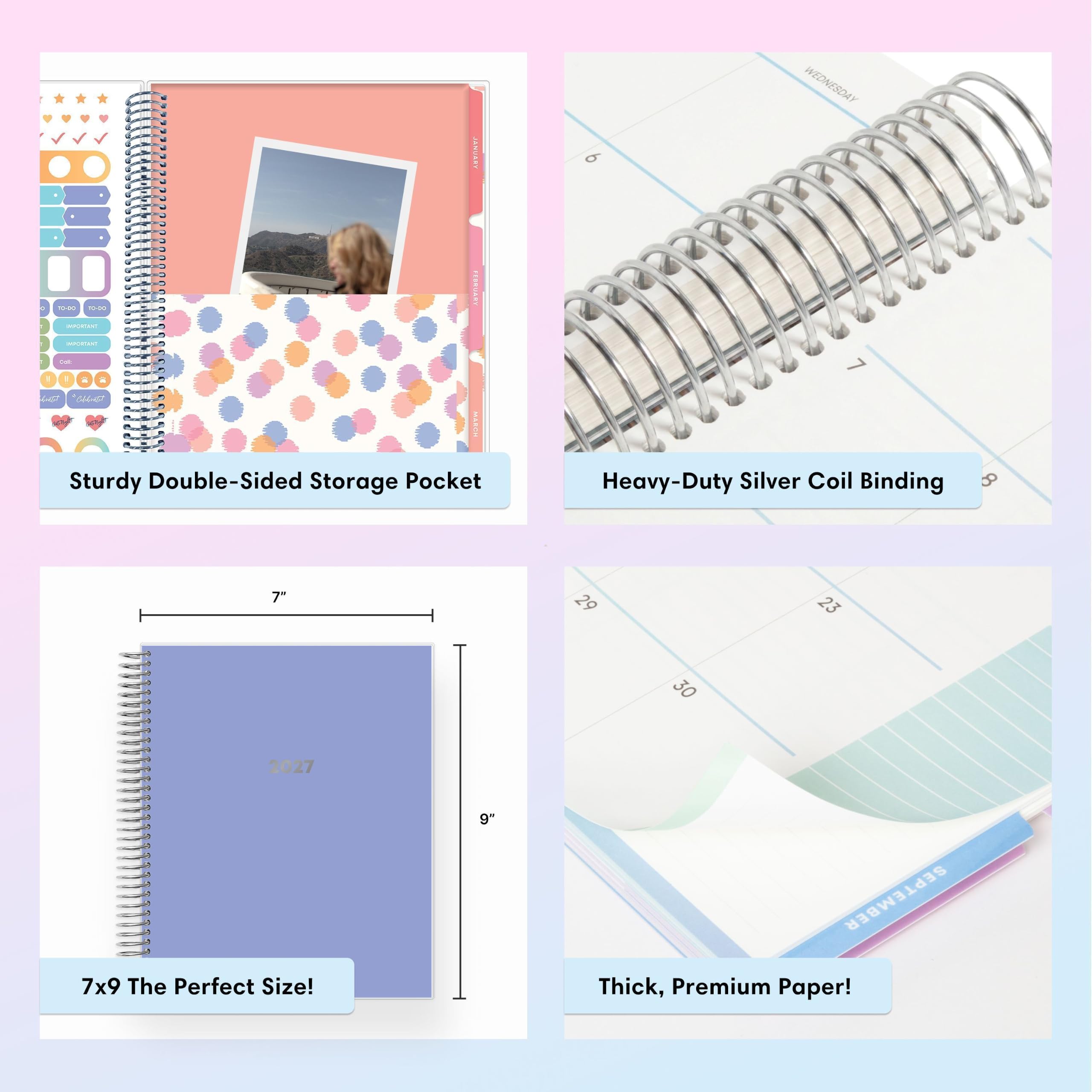 JANUARY  
WEDNESDAY  
10-00 TO-00 INFORDENT IMPORTANT  

FEBRUARY  
col 0000 I "Colats"  

MARCH  
Sturdy Double-Sided Storage Pocket  
Heavy-Duty Silver Coil Binding  
7" x 9" The Perfect Size!  

SEPTEMBER  
Thick, Premium Paper!