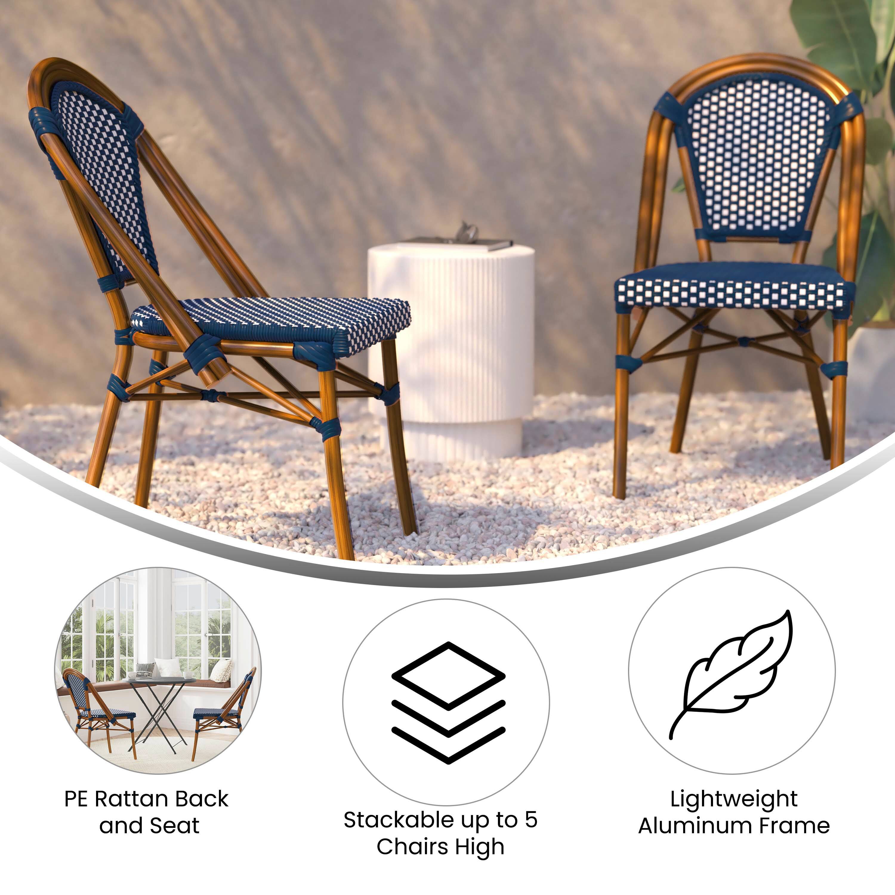 PE Rattan Back and Seat  
Stackable up to 5 Chairs High  
Lightweight Aluminum Frame