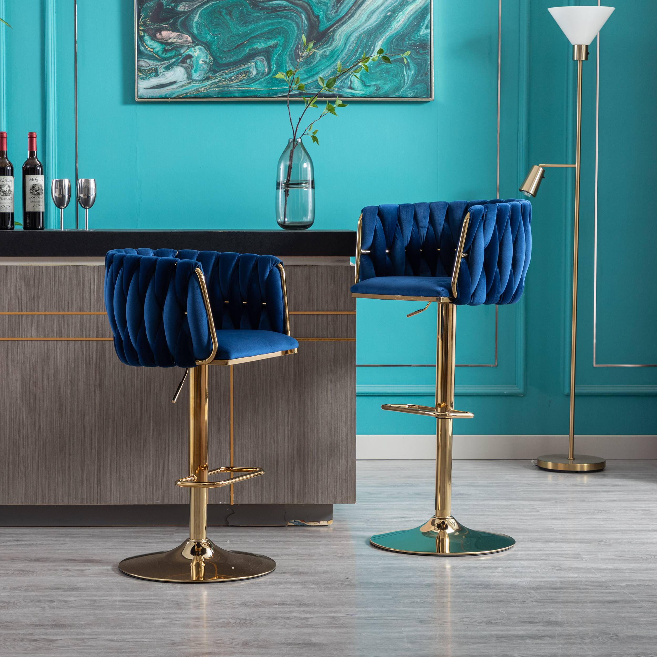Alt View 1. PexFix - Modern Velvet Bar Stools, Set of 2, Adjustable Swivel with Golden Legs, Chrome Base for Kitchen Island, Home Bar - Navy.
