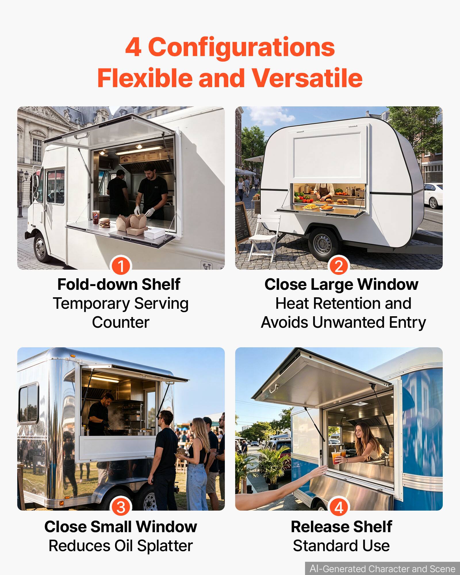 4 Configurations Flexible and Versatile

1. Fold-down Shelf Temporary Serving Counter
2. Close Large Window Heat Retention and Avoids Unwanted Entry
3. Close Small Window Reduces Oil Splatter
4. Release Shelf Standard Use

AI-Generated Character and Scene