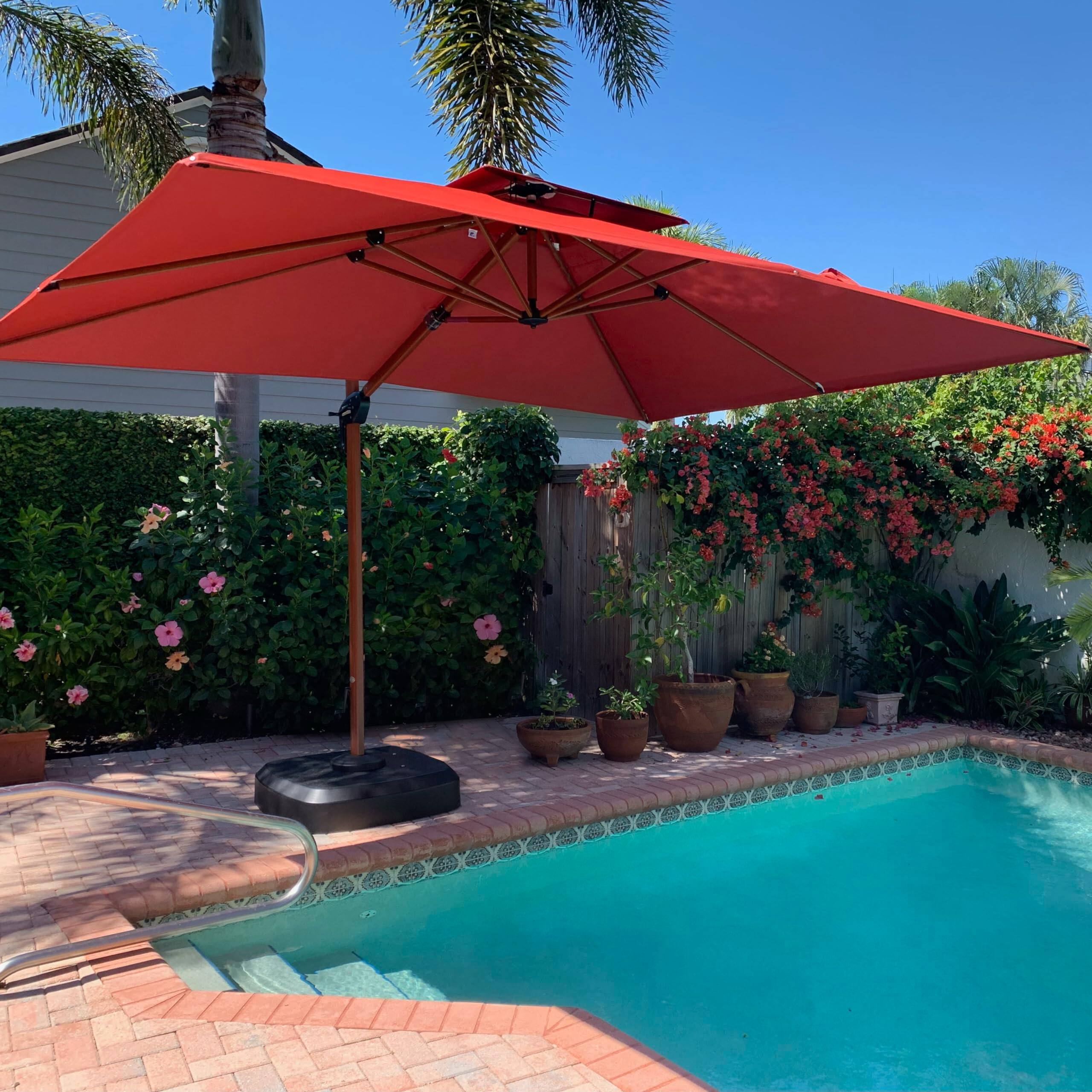 Left. PURPLE LEAF - 9' X 12' Patio Rectangle Outdoor Cantilever Umbrella Windproof Offset Heavy Duty Sun Umbrella with Base for Garden - Brick Red.