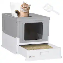 Pawhut - Fully Enclosed Cat Litter Box with Scoop, Hooded, Drawer Tray, Foldable, Smell Proof, Portable Pet Toilet - Gray