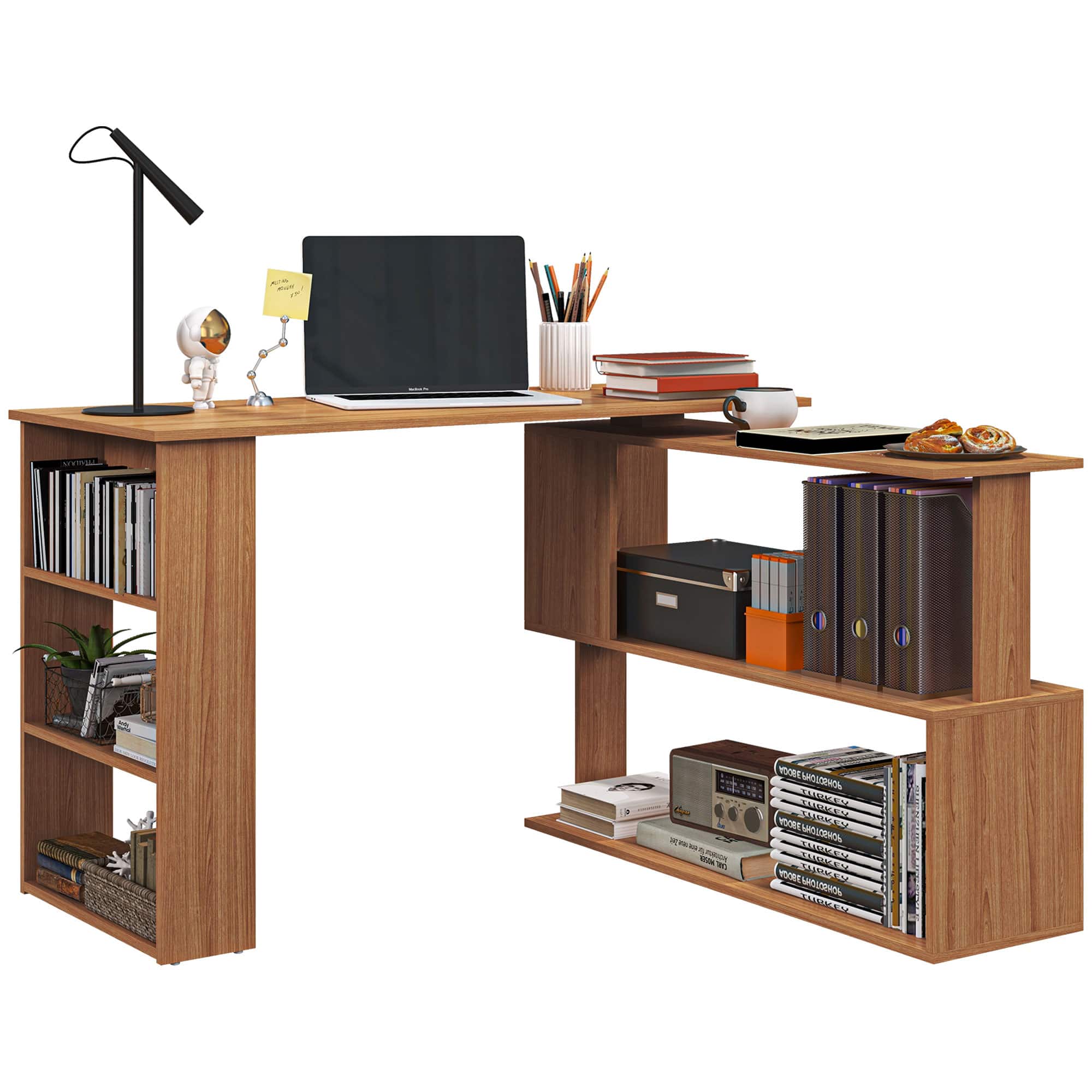 Homcom - Rotating Home Office Desk L Shaped Corner Computer Desk with Storage Shelves - Teak