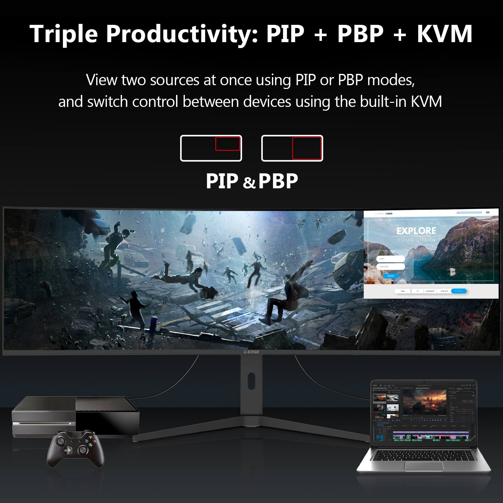 Triple Productivity: PIP + PBP + KVM

View two sources at once using PIP or PBP modes, and switch control between devices using the built-in KVM

PIP & PBP

EXPLORE YOUR LIMITS