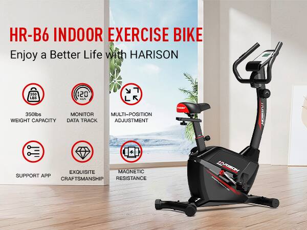 HR-B6 INDOOR EXERCISE BIKE  
Enjoy a Better Life with HARISON  

- 350lbs WEIGHT CAPACITY  
- MONITOR DATA TRACK  
- MULTI-POSITION ADJUSTMENT  
- SUPPORT APP  
- EXQUISITE CRAFTSMANSHIP  
- MAGNETIC RESISTANCE