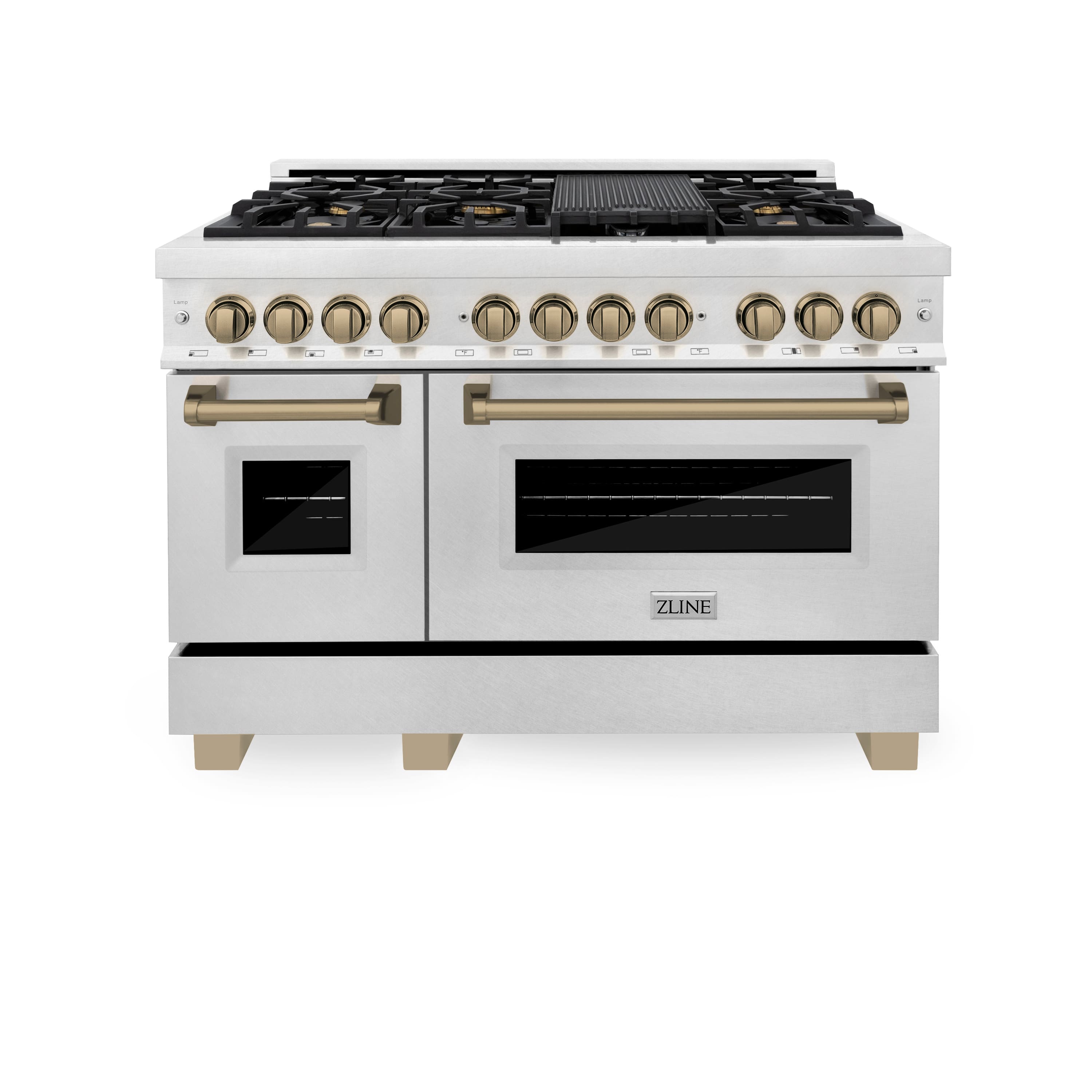 ZLINE - Autograph 48 in. 6.0 cu. ft. Freestanding Legacy Dual Fuel Range with 7 Burners in Satin Steel and Bronze Accents - Satin Stainless Steel