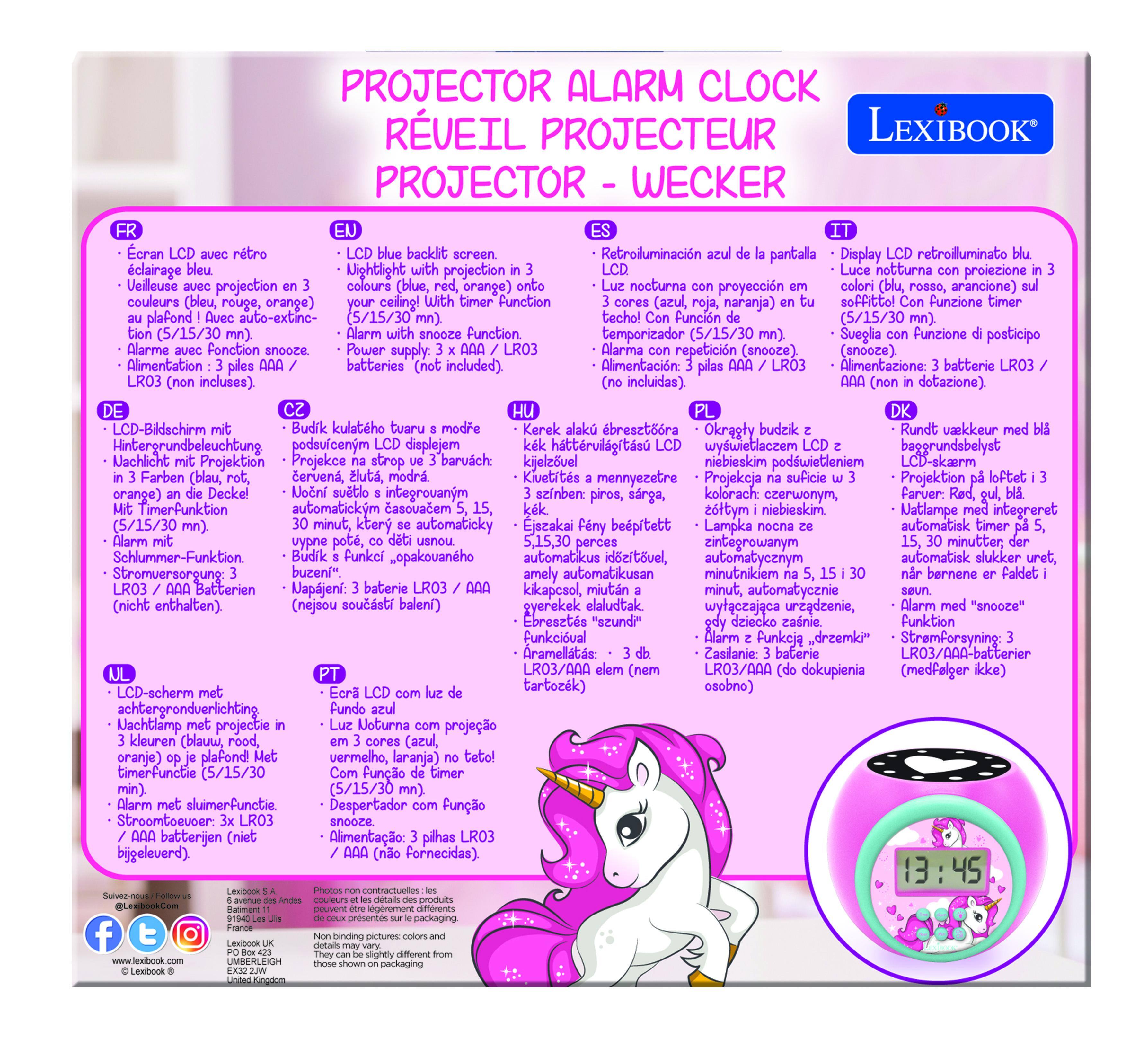 PROJECTOR ALARM CLOCK  
RÉVEIL PROJECTEUR  
WECKER  

Ecran backlit clairage Nightlight projection Veileuse projection colours orange) couleurs (bleu, orange) celing! function plafond auto-extinc- (5/15/30 (5/15/30 Function. Alarme Fonction supply. Alimentation batteries included). incluses) Retroiluminacin pantala Display i notturna proiezione nocturna proyeccin arancione) (acul, naranja) soffitto! Funzione techo! Funcin (5/15/30 temporizador (5/15/30 Sueglia Funzione posticipo Alarma repeticin (snooze). (snooze). Alimentacin: Alimentazione: batterie incluidas) dotazione) LCD-Bidschirm kulateho modre Kerek bresztra Okrasty budzik Rundt vaekkeur Hintergrundbeleuchtung podsufcenym displejem hattrvilgitsu wyswietlaczem baggrundsbelyst Uachlicht Projektion Projekce strop baruach