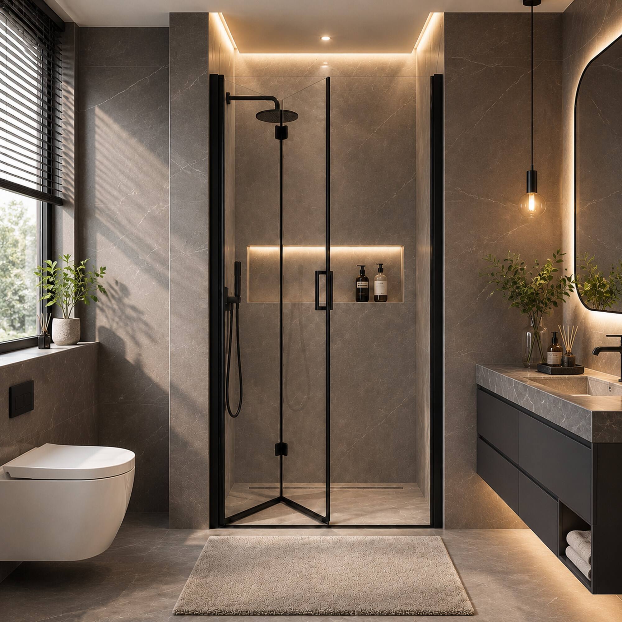 Alt View 6. RYHNUYNE - 34-35.2 In W X 72 In H Semi-Frameless Folding Pivot Shower Door, 1/4 In Clear Tempered Glass Matte Black Finish - Matte Black.