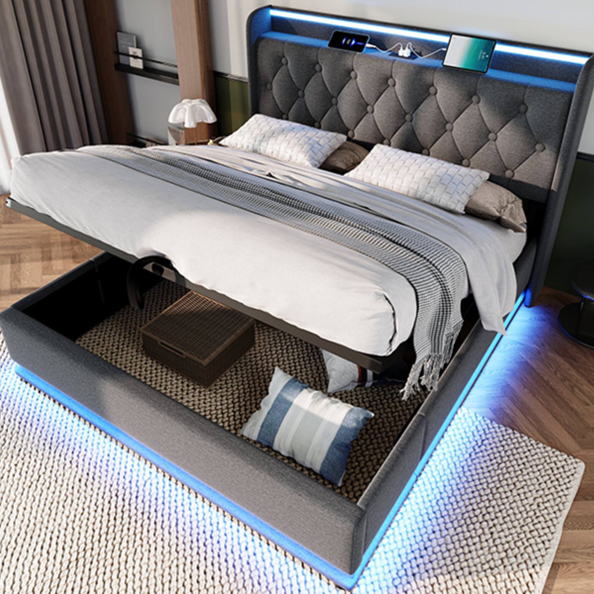 Alt View 1. GOODSILO - Full Size Upholstered Bed with LED Lighting, Hydraulic Storage, and USB Charging - Gray.