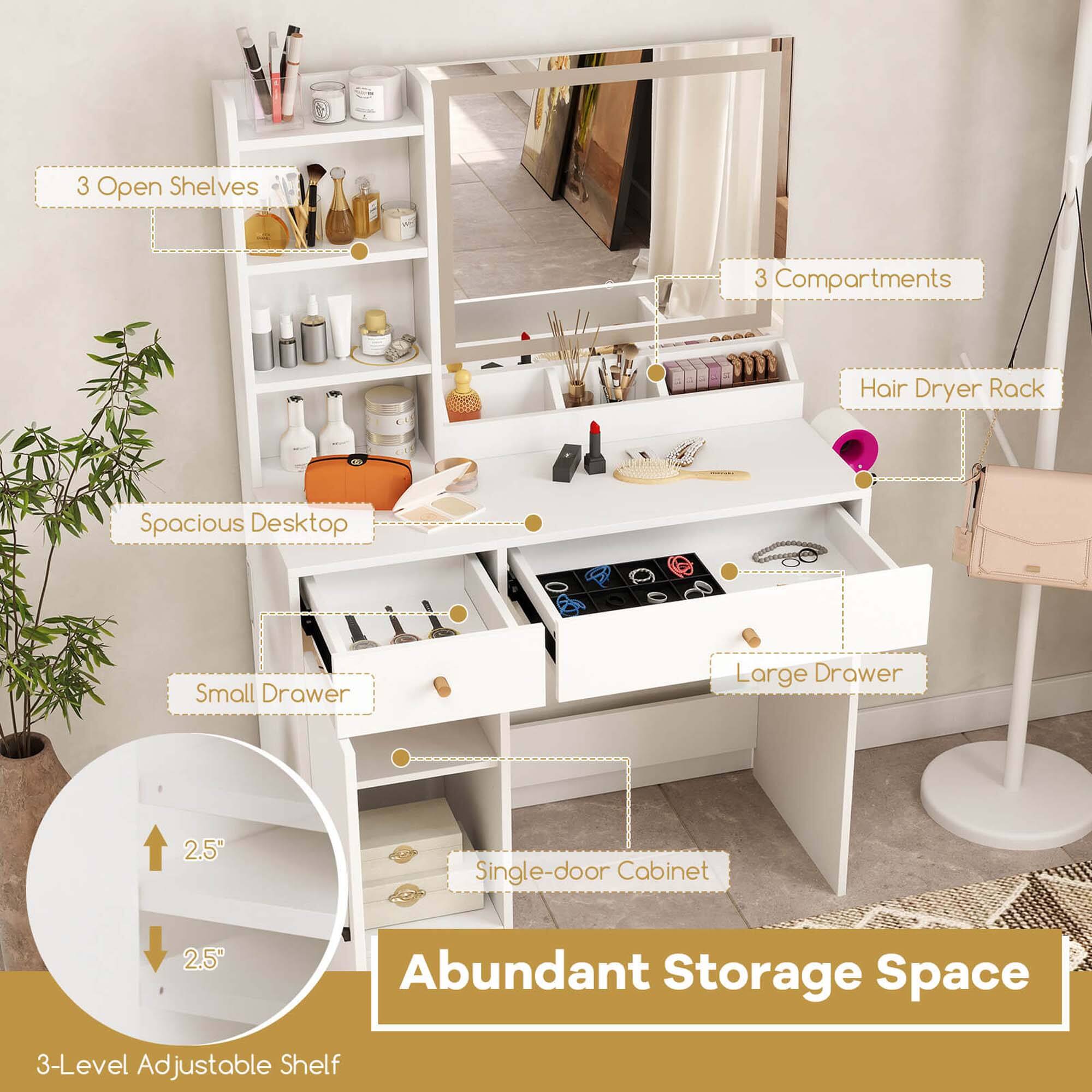 The text on the image is grouped as follows:

1. Organization:
- 3 Open Shelves
- 3 Compartments
- Hair Dryer Rack
- Spacious Desktop
- Small Drawer
- Large Drawer
- 2.5 Single-door Cabinet
- 2.5 Abundant Storage Space
- 3-Level Adjustable Shelf

This organization system offers a variety of storage options, including open shelves, compartments, a hair dryer rack, a spacious desktop, small and large drawers, and a 3-level adjustable shelf. The combination of these features provides ample storage space for various items and helps keep the area tidy and organized.
