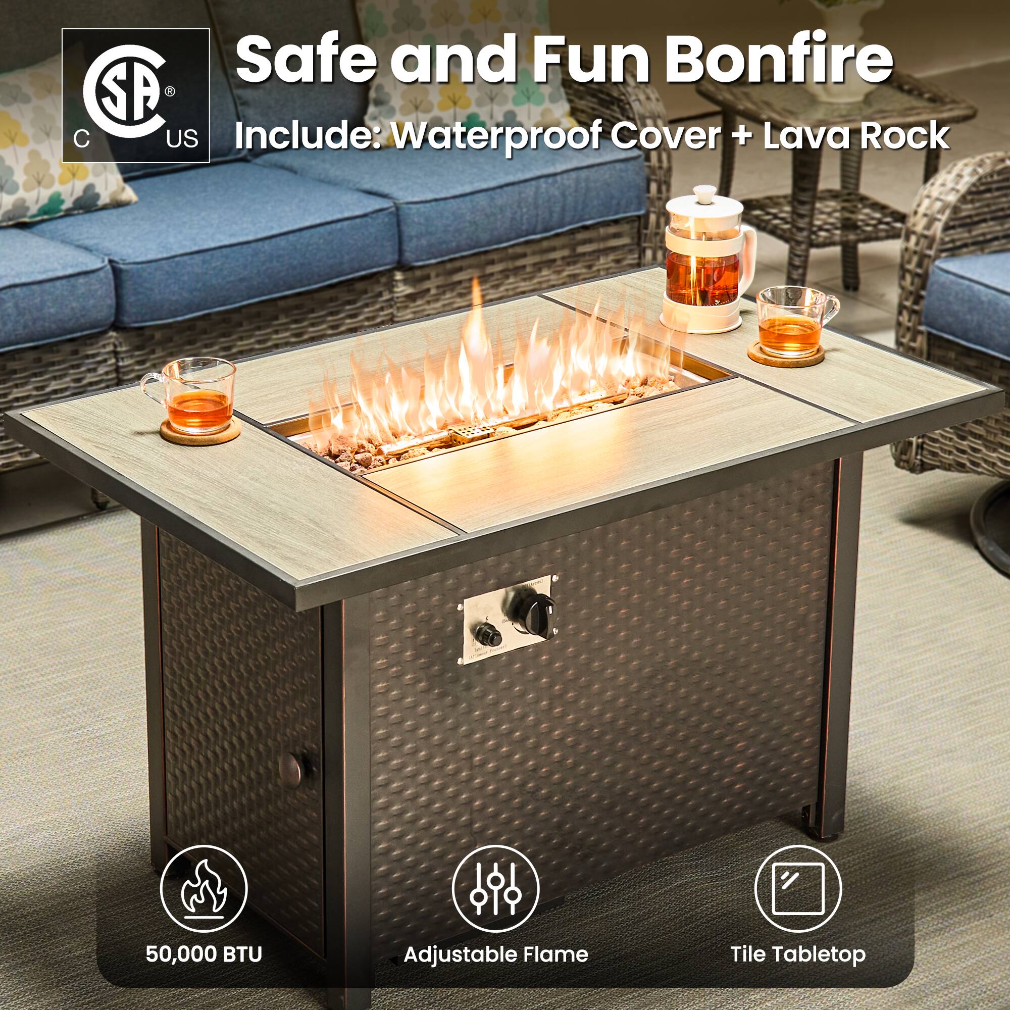 Safe and Fun Bonfire  
Include: Waterproof Cover + Lava Rock  

50,000 BTU  
Adjustable Flame  
Tile Tabletop