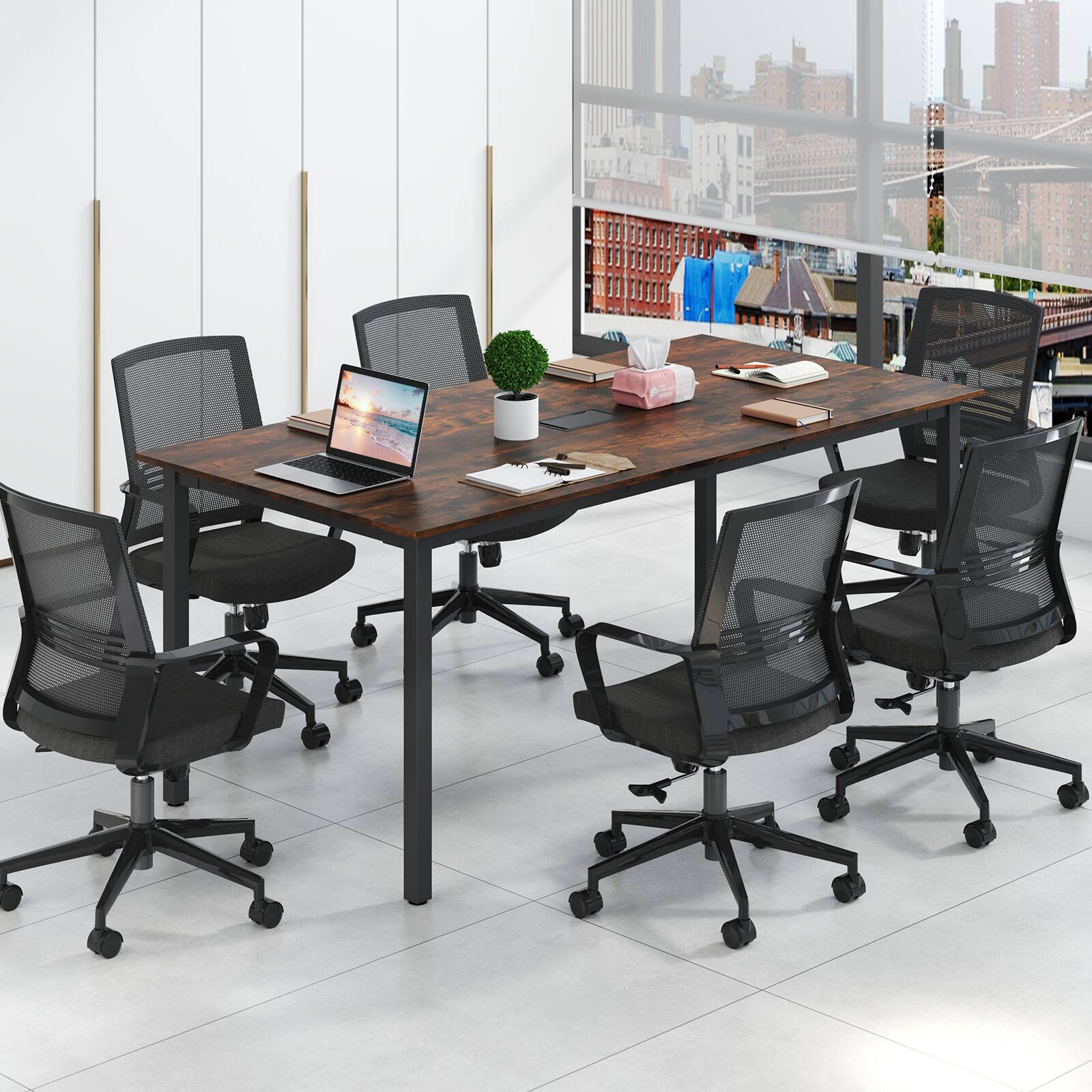 Alt View 5. Gymax - Gymax 71'' x 35.5'' Large Office Table w/ Cable Grommet Sturdy Metal Legs for Boardroom - Rustic Brown, Black.