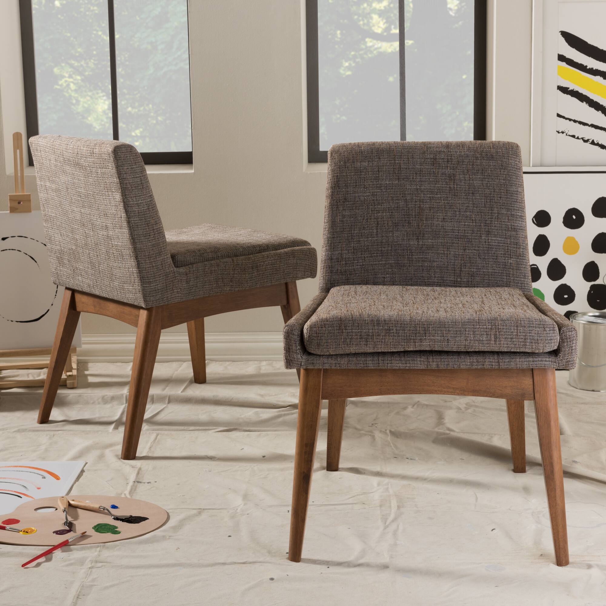 Alt View 2. Baxton Studio - Nexus Mid-Century Modern Walnut Wood Finishing and Gravel Fabric Upholstered Dining Side Chair - "Gravel" Multi Color/"Walnut" Brown.