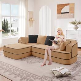 Aukfa - 106" Fluffy Teddy Fabric Oversized Modular Sectional 3-Seats Sofa with L-Shaped Chaise for Living Room - Camel