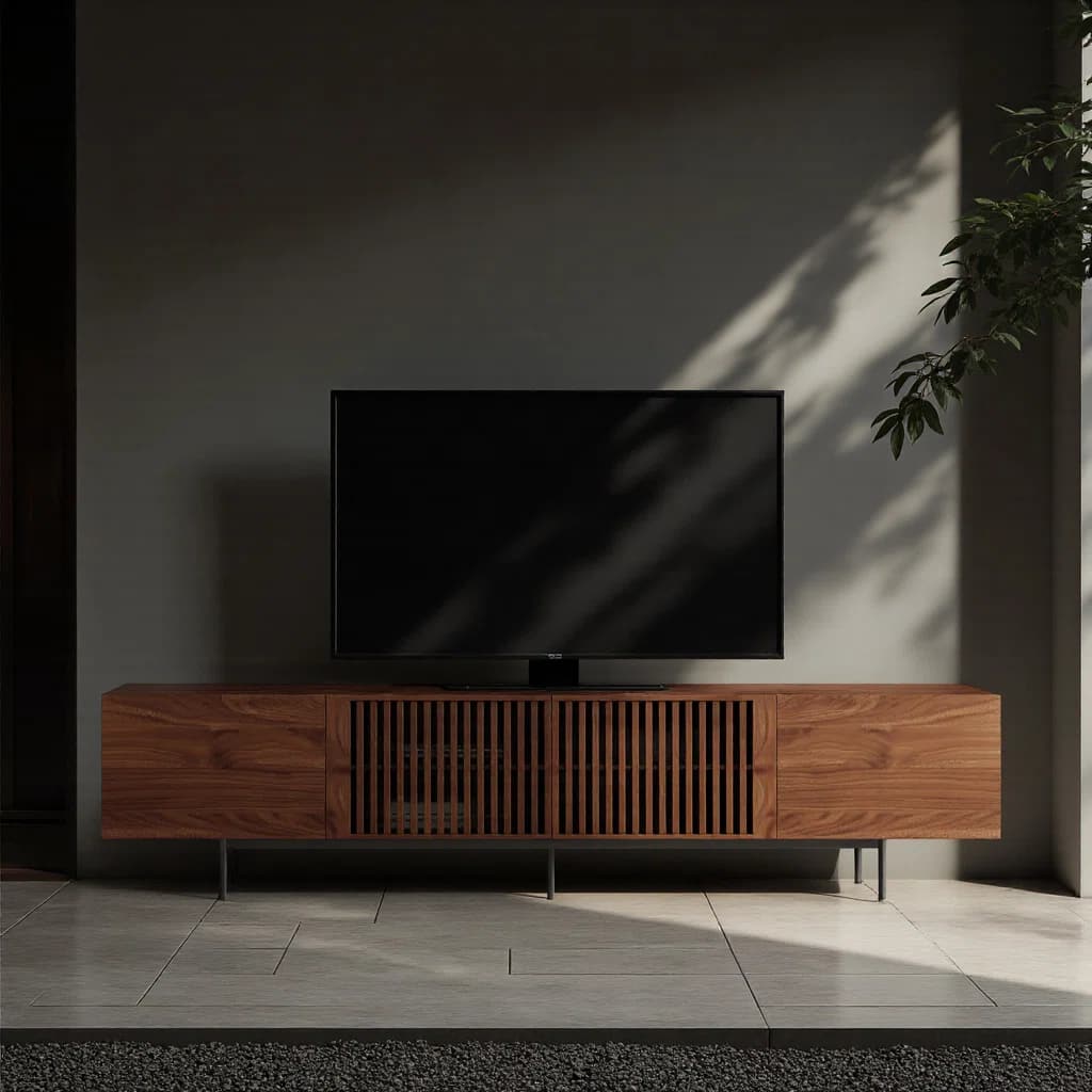 luck idea - 94.48" Walnut Fluted TV Stand for TV Up to 100", Mid-Century Media Console with Storage Cabinets & Metal Legs - Brown