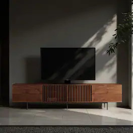 luck idea - 94.48" Walnut Fluted TV Stand for TV Up to 100", Mid-Century Media Console with Storage Cabinets & Metal Legs - Brown
