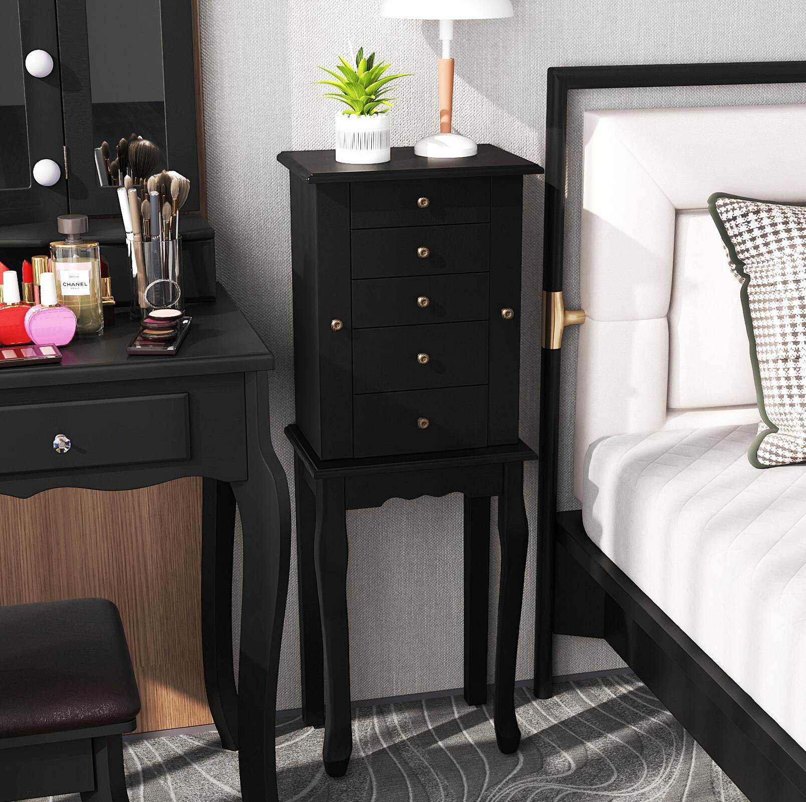 Alt View 4. Gymax - Gymax Mirrored Armoire Jewelry Cabinet Free Standing Organizer Storage Box Chest Black - Black.