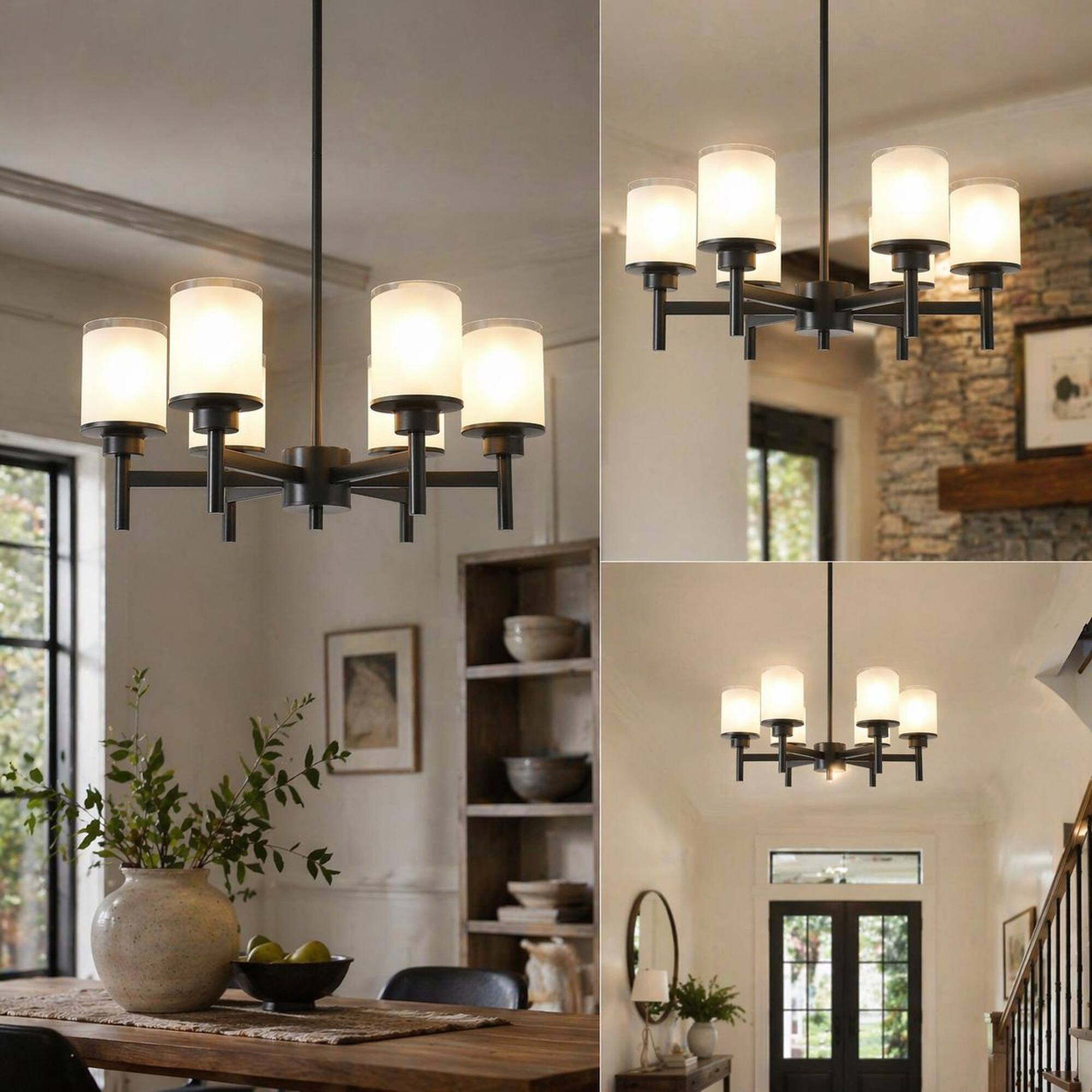 Back. RYHNUYNE - 6-Light Frosted Glass Farmhouse Chandelier with Adjustable Hanging Rods, Black Metal Industrial Pendant Light.