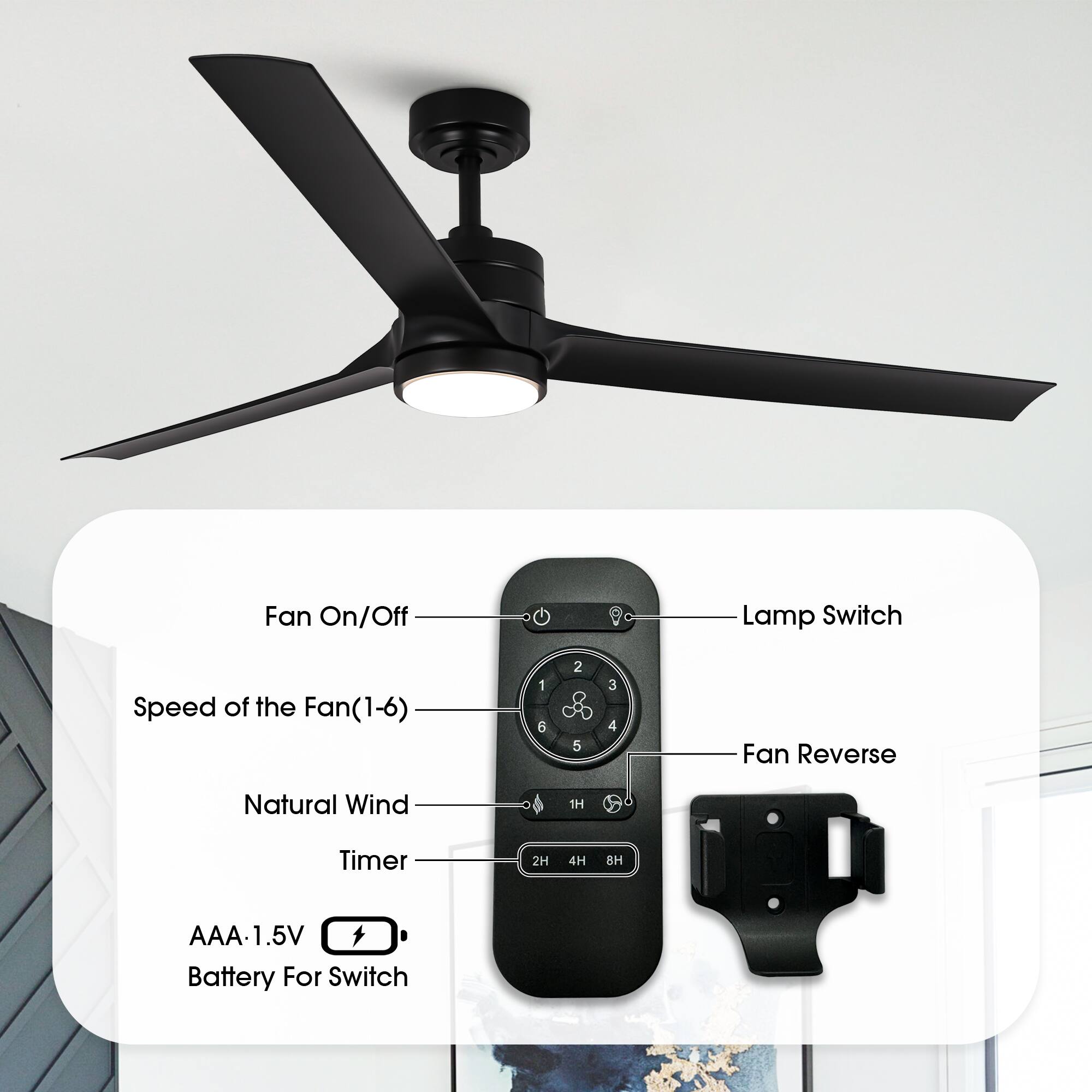 - Fan On/Off
- Speed of the Fan (1-6)
- Natural Wind
- Timer
- Lamp Switch
- Fan Reverse
- AAA 1.5V Battery For Switch

1 6 2 5 3 4

1H 2H 4H 8H