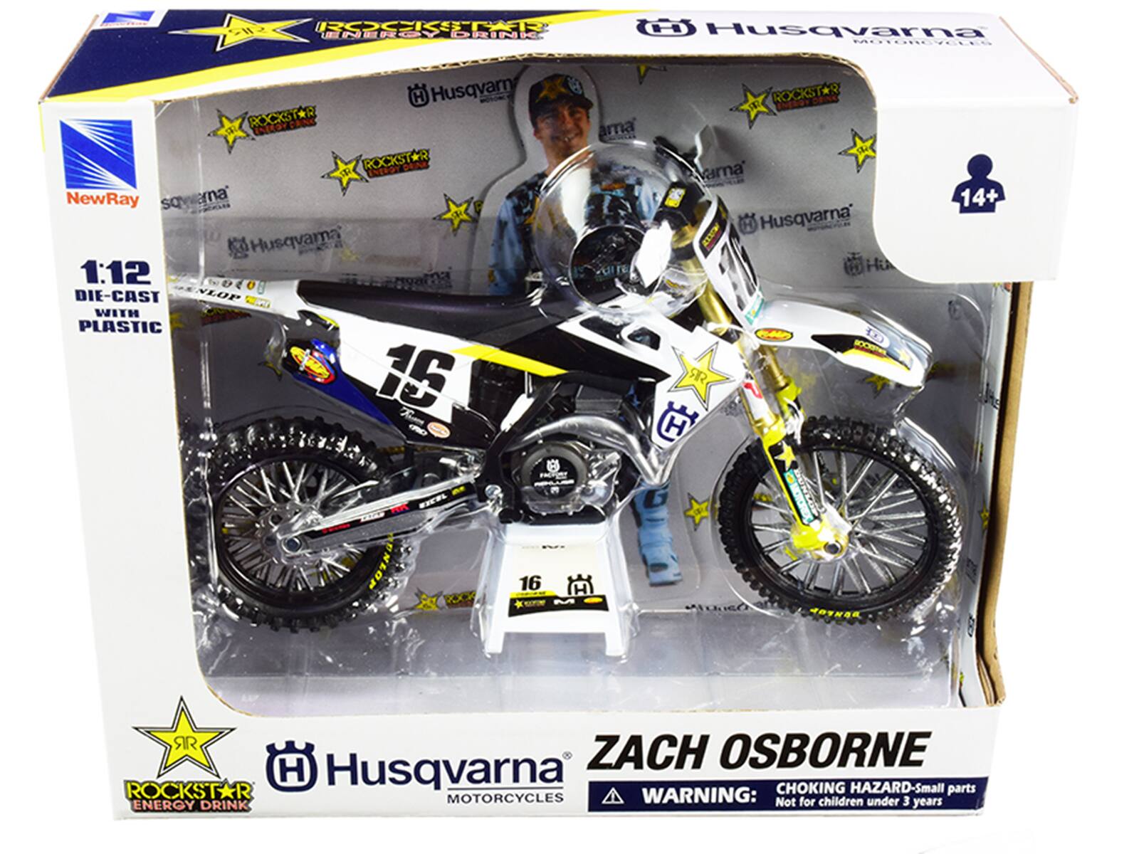 ROCKSTAR ENERGY DRINK  
Husqvarna MOTORCYCLES  
Husqvarna  
1:12 DIE-CAST WITH PLASTIC  
16  
Husqvarna  
ZACH OSBORNE  
WARNING: CHOKING HAZARD - Small parts. Not for children under 3 years  
14+
