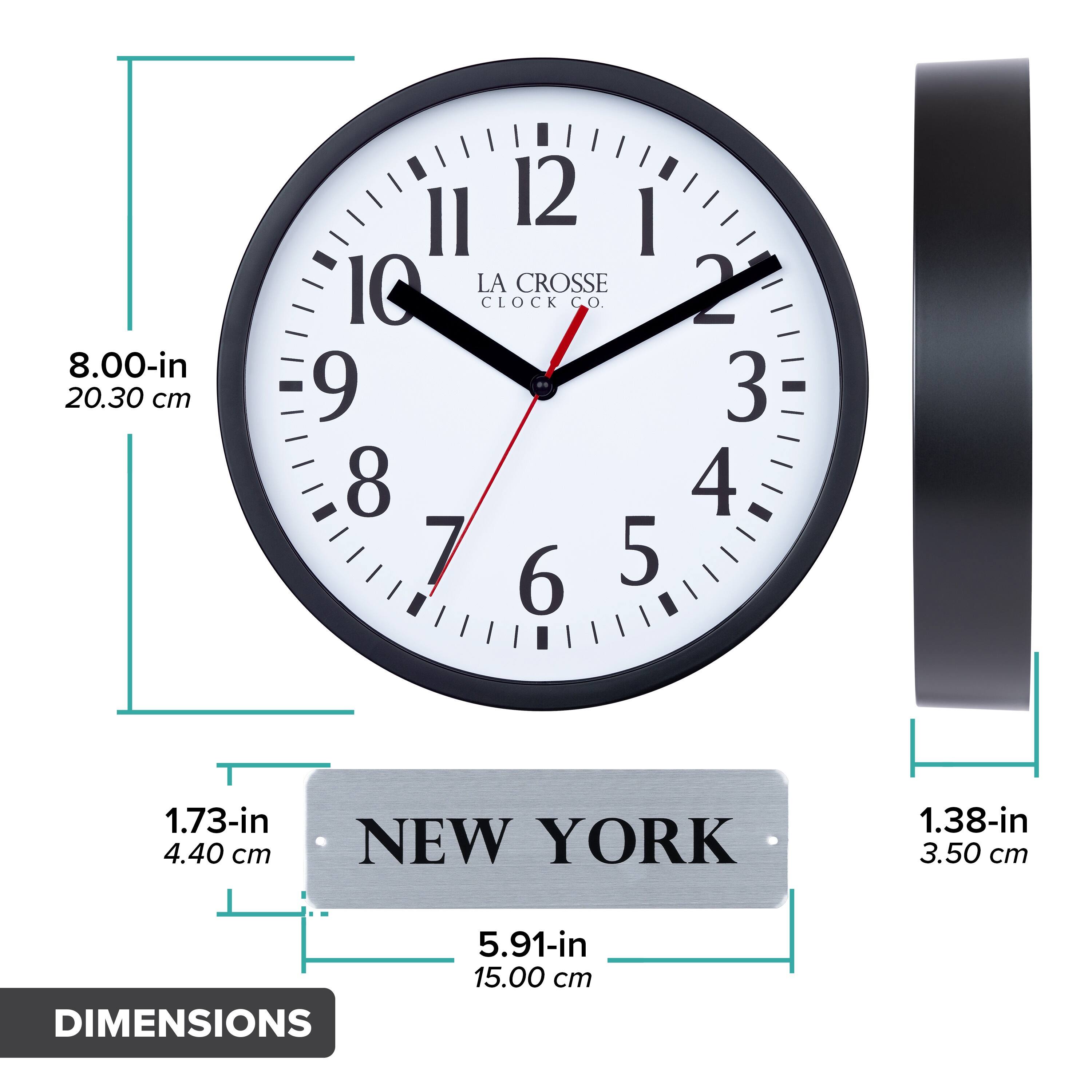 8.00-in 20.30 cm  
1.73-in 4.40 cm  
1.38-in 3.50 cm  
5.91-in 15.00 cm  

LA CROSSE CLOCK CO.  
NEW YORK