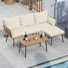 Gymax - 3 Pieces L-Shaped Patio Furniture Set w/ Coffee Table Removable Cushions - Yellow