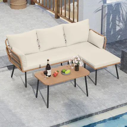 Front. Gymax - Gymax 3 Pieces L-Shaped Patio Furniture Set w/ Coffee Table Removable Cushions - Yellow.