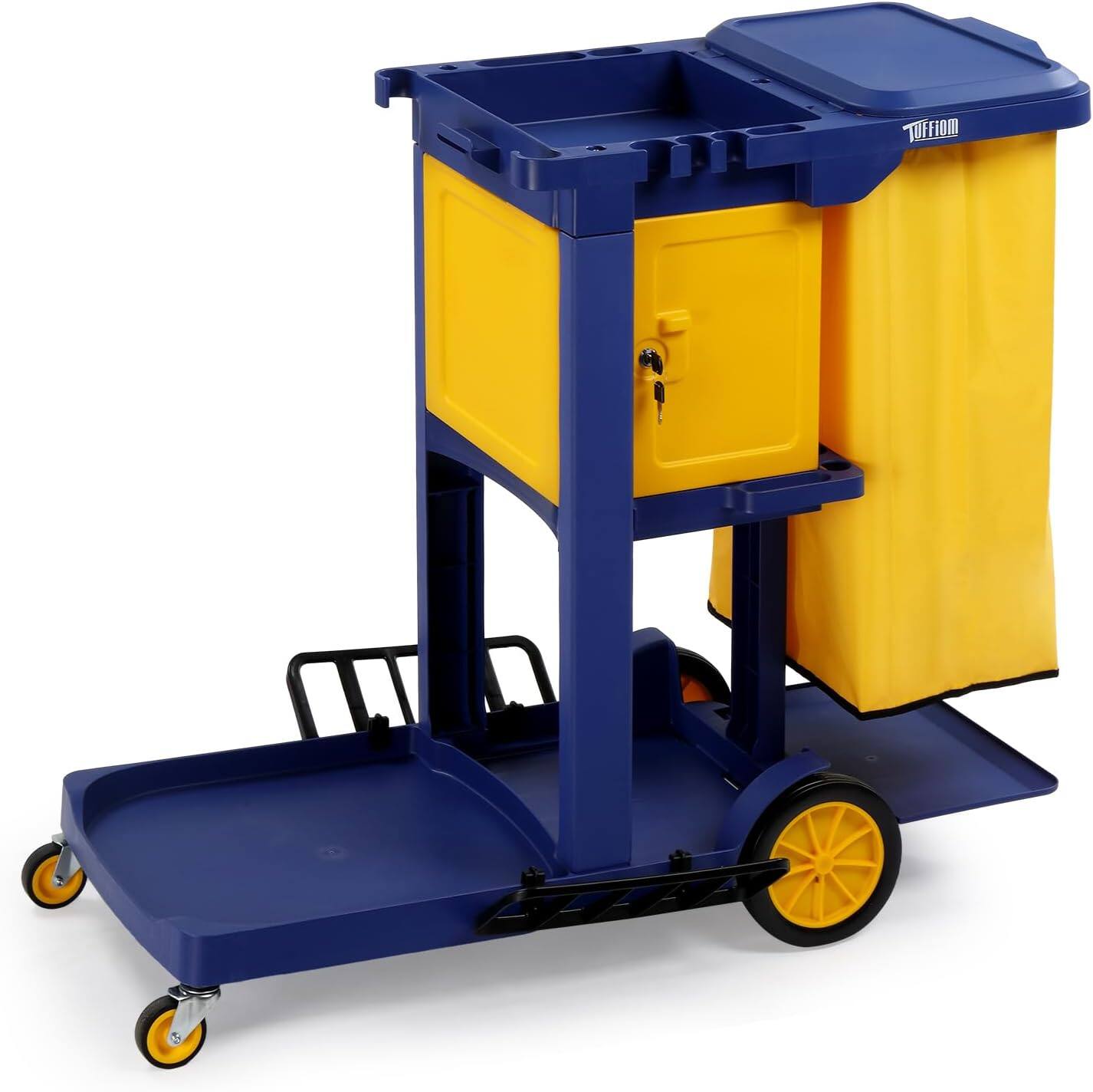 Front. Winado - Heavy Duty Janitorial Cart with Key-Locking Cabinet, 3-Shelf Commercial Cleaning Cart - Blue & Yellow.