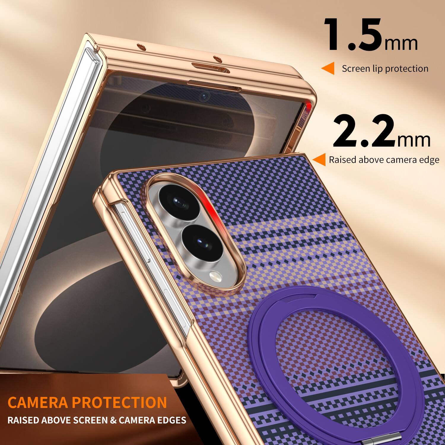 1.5mm Screen lip protection  
2.2mm Raised above camera edge  
CAMERA PROTECTION RAISED ABOVE SCREEN & CAMERA EDGES