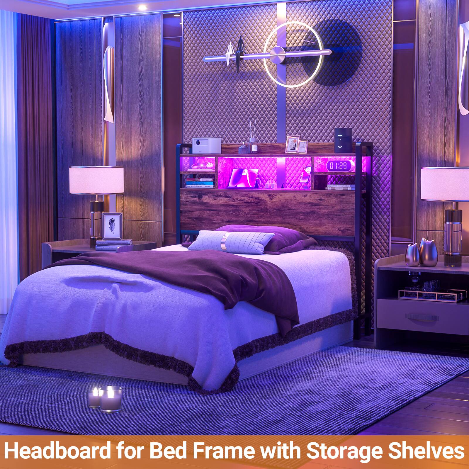 Headboard for Bed Frame with Storage Shelves