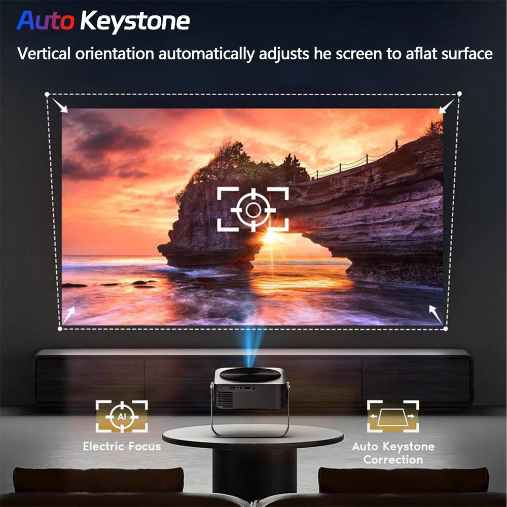 Auto Keystone  
Vertical orientation automatically adjusts the screen to a flat surface  

AI  
Electric Focus  
Auto Keystone Correction